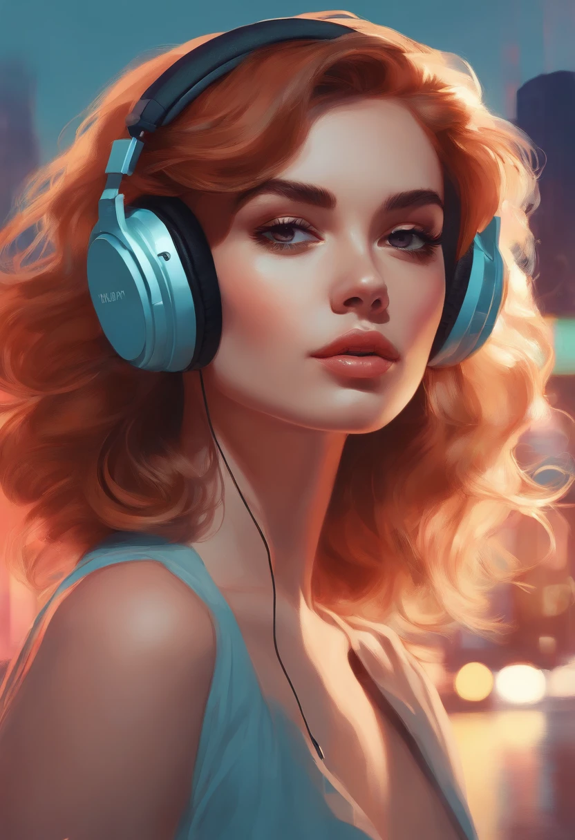 girl wearing headphones,city background,anime,intricate details,pastel colors,poster background,art by conrad roset, art by ilya kuvshinov,(best quality:1.2),(ultra-detailed:1.1),(photorealistic:1.37),portraits,vivid colors,light and shadows, shiny eyes,luscious lips,flowing hair, fashionable outfit,expressive face,urban setting,dynamic pose,modern aesthetics,blurred lights,neon signs,soft pastel tones,subtle gradients, dreamy atmosphere,pop culture vibes,playful and vibrant,creative composition,stylish and trendy.