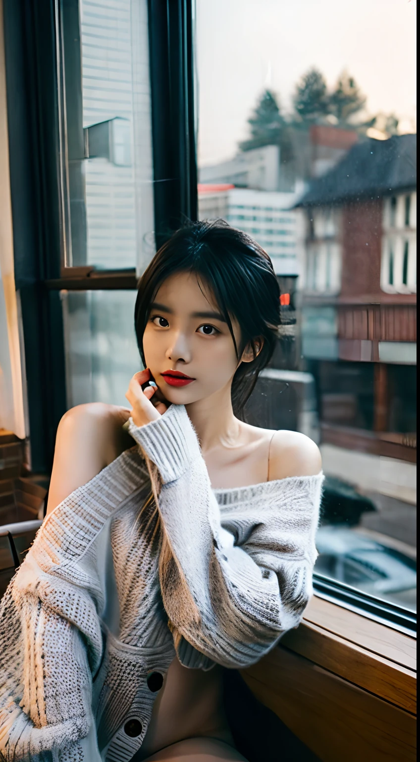 Cinematic photo nude woman sitting on window sill looking out window, grey sweater, Stock Photo by Ji Chen, Tumbler, aestheticism, Movie Still, Pretty, pixiv . 35 mm photo, movie, Bokeh, Professional, 4K, Highly detailed
