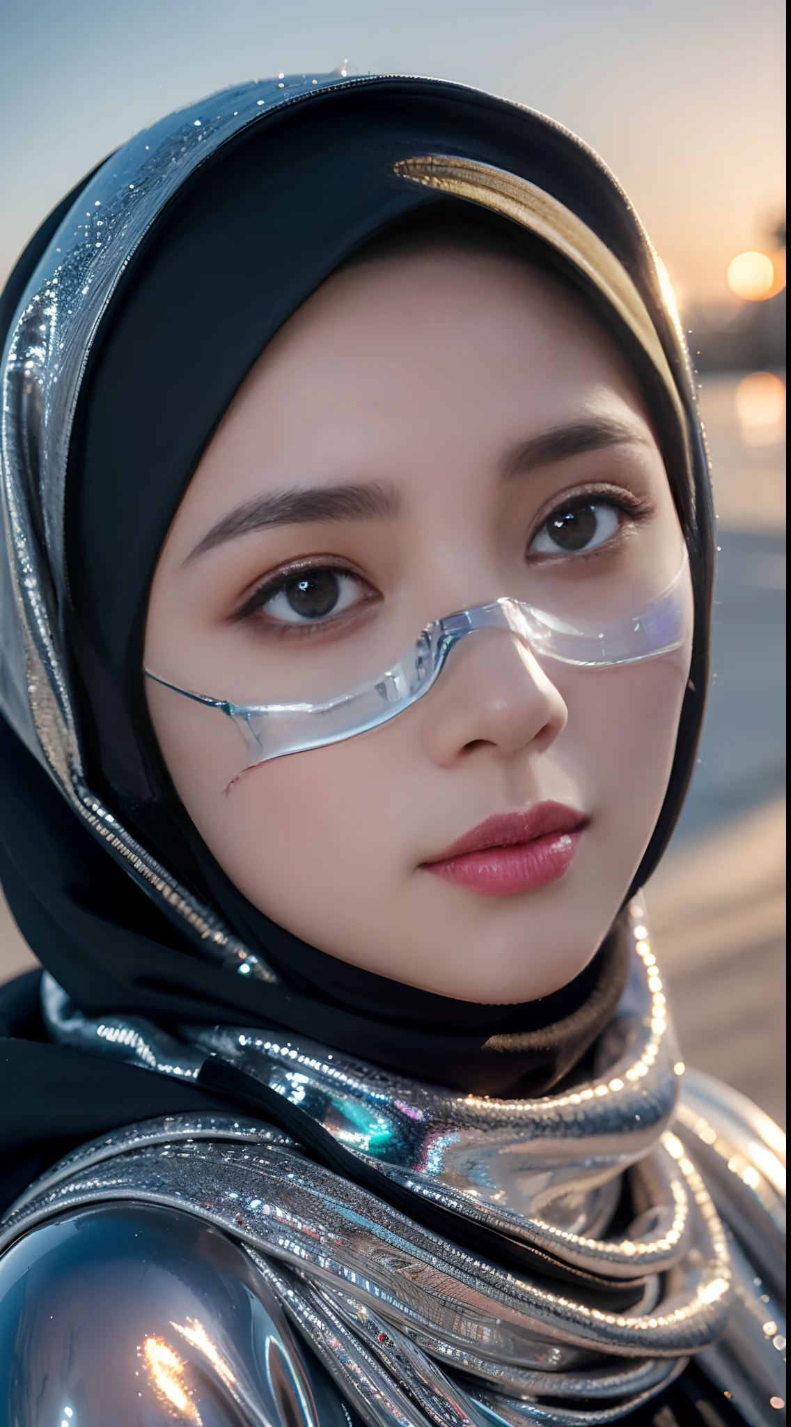 moslem woman in hijab, mouth mask cover, gothic eyes mascara, glowing shiny face, air bubbles, amongst cloud photography, close up, photorealistic, hyperrealism, professional photography, DSLR, HDR, holographic emerging from 2D to 3D