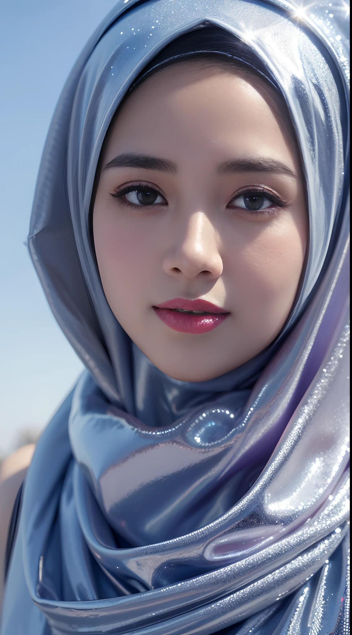 ​masterpiece, top-quality, 8K, absurderes, a beauty girl, kawaii, outdoor,half body, (fullnude:1.5), wearing blue pasmina hijab, hijab, headpiece accessories,nice body, No makeup, bukkake, Near and far law, depth of fields, A hyper-realistic, hight resolution, a picture, foco nítido, nffsw, face lights, 动态照明, Highest detail, Extreme details、ultra-detailliert、detaile、authentic skin、delicated facial features、Easy Negative