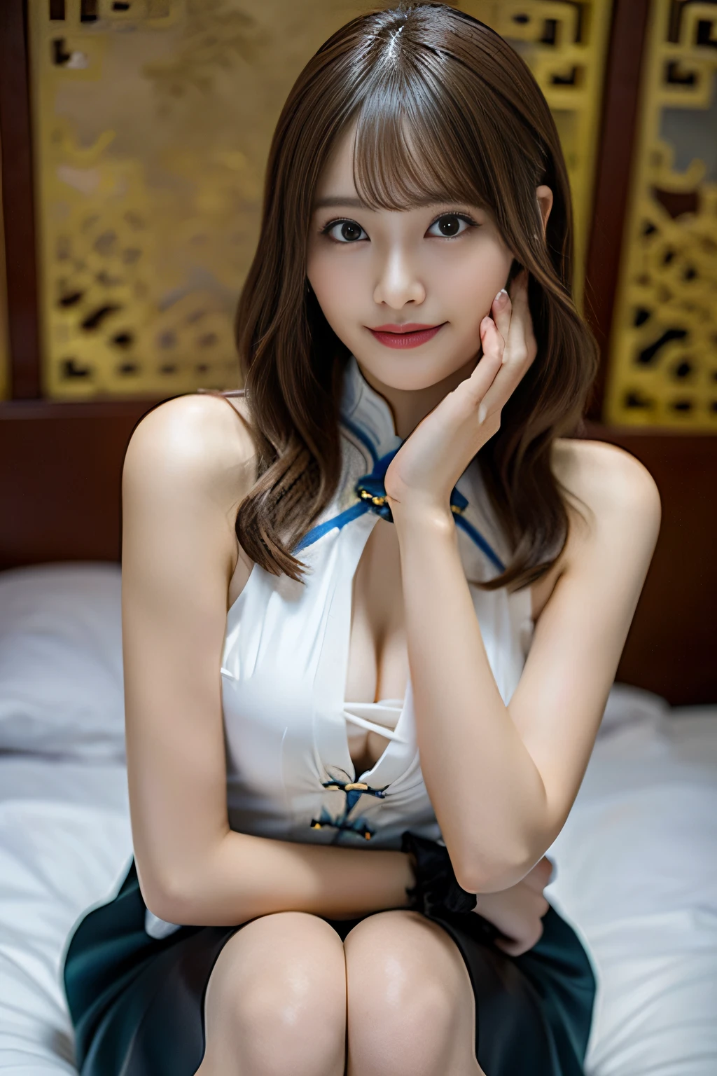 Best Quality, masutepiece, 超A high resolution, (photographrealistic:1.4), (depth of fields), Realistic, Professional Lighting, Physically-based rendering,
1girl in, (contented smile:1.2), Cinematic Light,Fluttering detailed ink splash, Only the upper body and head can be seen, Look at viewers, Focus on Eyes, Squatting, incredible detailed, Slender waist, 1 girl, 年轻, messy long hair, flipped hair, asymmetrical bangs, light brown hair, Hair fluttering in the wind, ultra beautiful, Happy, extremely detailed eye, Delicate arm and hands, cleavage cutout, perfect and delicate limbs, beauty detailed eye, Authentic skin texture, (China Cheongsam:1.5), Over-explosion, Fine cloth, Brightly colored clothing, Blurry background, Indoors, bed, Lighting,