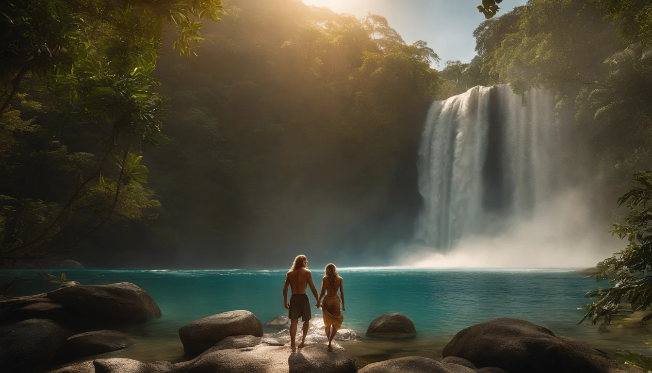 A highly realistic panoramic image of the sunlight of Tarzan and his blonde Jane, seminu vestido com uma tanga de homem primitivo, both standing in the water next to a waterfall half surrounded by jungle trees in 10000 BC.C., Fotografia HD, ultra-realistic, Rei Tut, 4k, hyper-realistic, Crisp texture, cor