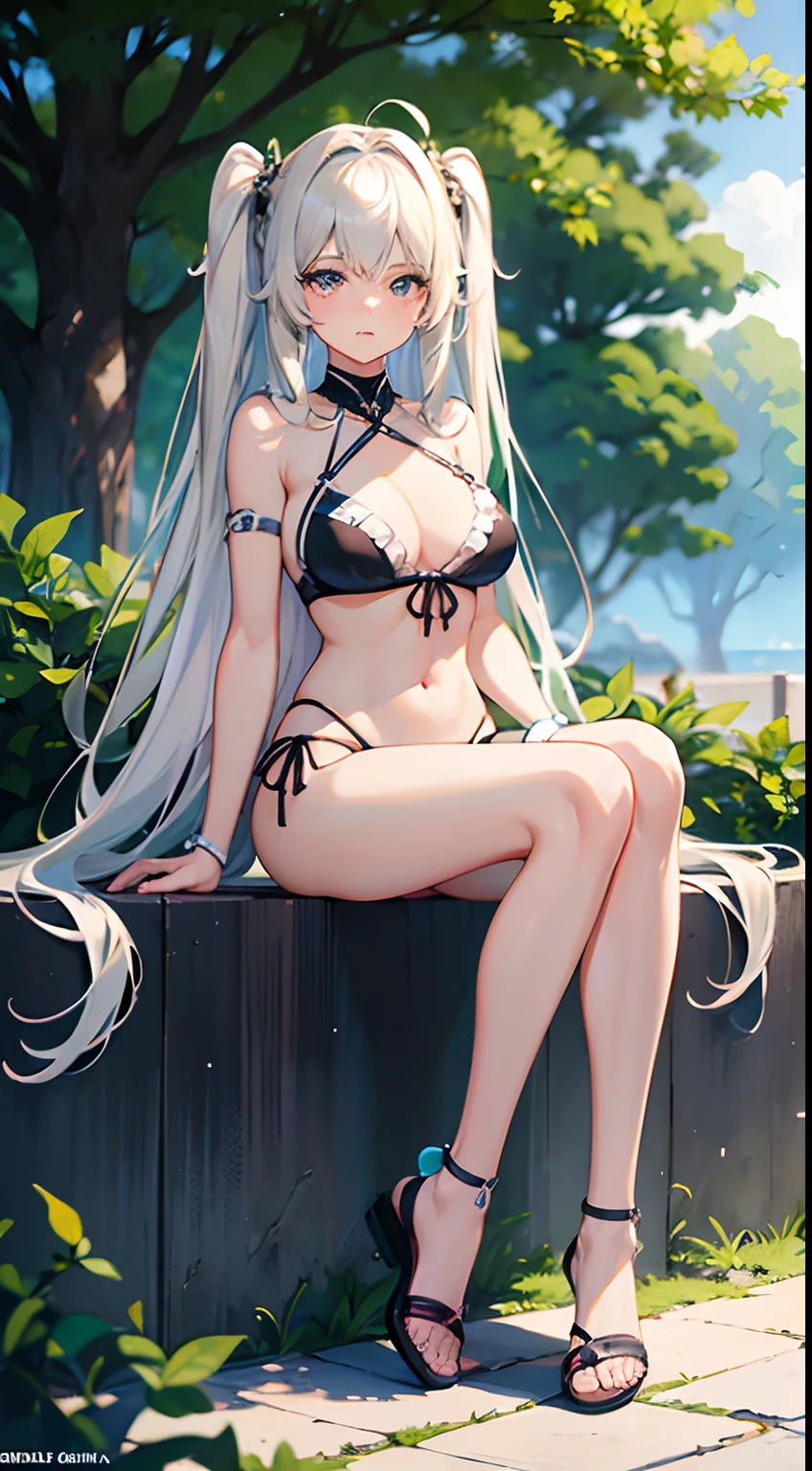 ((Best Quality)), (ultra-detailliert), ((Extremely detailed)), (Beautiful), ((Kawaii Girl)),(two side up hair)、((masutepiece)),Platinum Blonde Hair,Long hair, hair between eye, Wavy Hair, Long sideburns,Jade-colored eyes, White skin,Normal Chest,Slender body,Cross Halter Bikini,Sandals,Sitting,in beach,Look Camera,One Woman,Anime