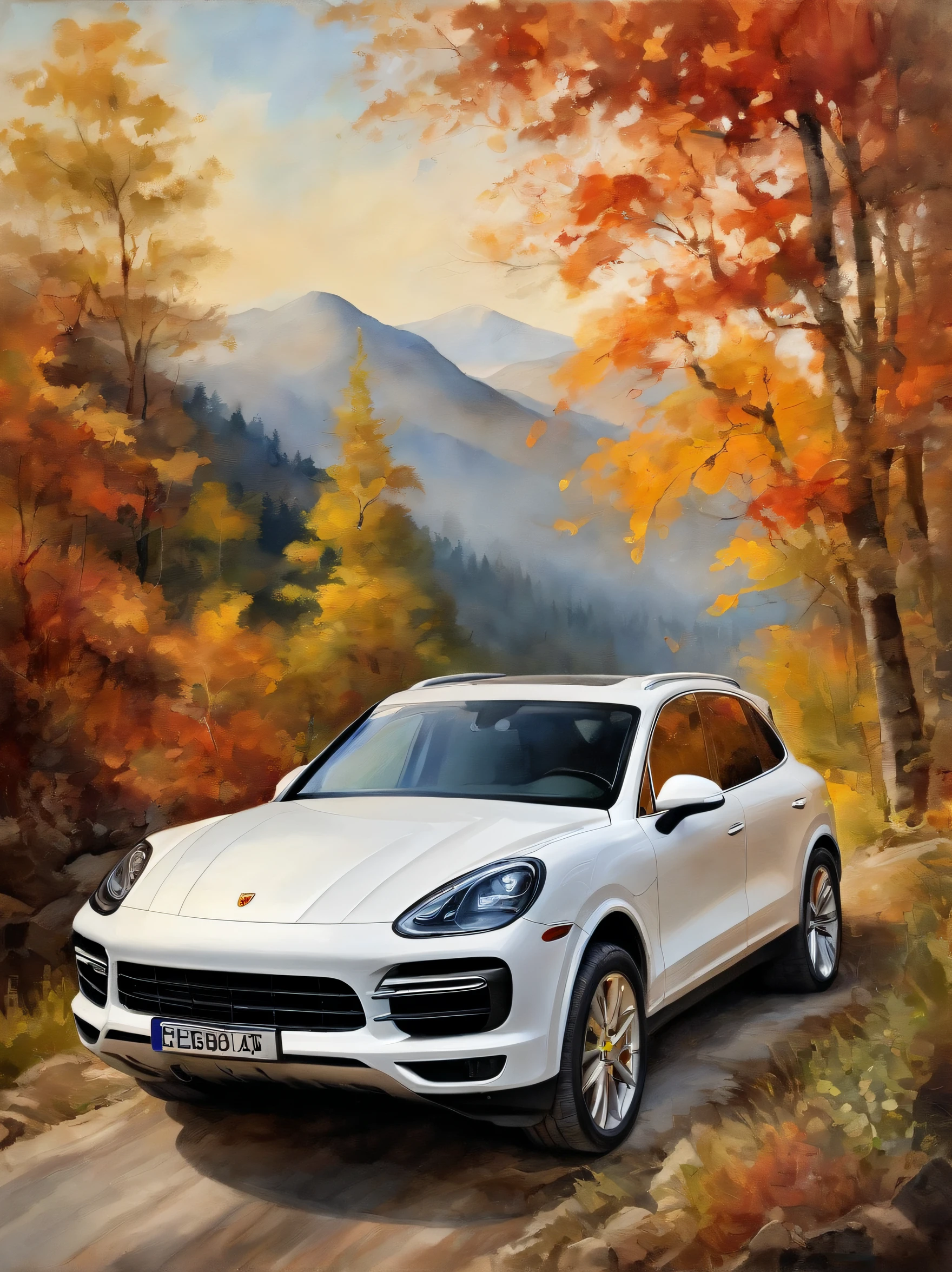 Best quality, painting of a (White 2022 Porsche Cayenne), and Blueridge mountain scene with a river and trees, car centered Masterpiece, 超高分辨率, (photograph realistic:1.4), surrealism, Dream-like,fusionart, Shadowdancer, shadow magic，Dilapidated castle in the background