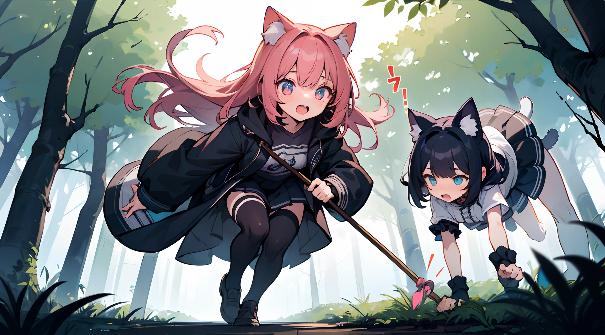 crazy cat girl are prowling through a dimly lit forest,The level of detail in the girls' movements is extreme,This artwork aims to evoke a sense of terror and excitement,their eyes glow with an intense,They move stealthily,petit,small,girl waching in the bakgrund,2 girls