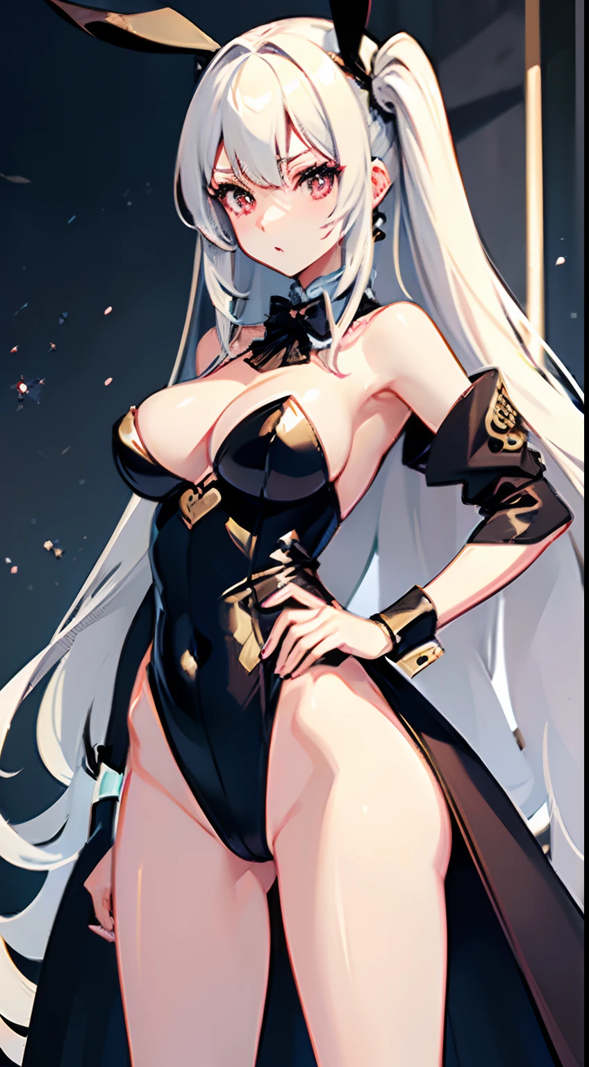 ((Best Quality)), (ultra-detailliert), ((Extremely detailed)), (Beautiful), ((Kawaii Girl)),(two side up hair)、((masutepiece)),Platinum Blonde Hair,Long hair, hair between eye, Wavy Hair, Long sideburns,Jade-colored eyes, White skin,Colossal tits、Rabbit ears,Slender body,playboy_bunny,Standing,Look Camera,One Woman,Anime