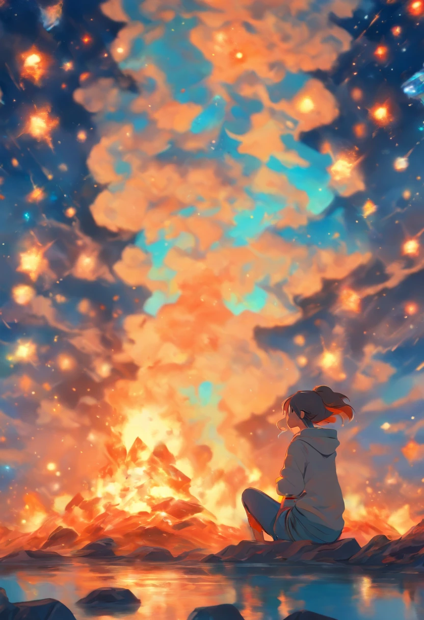 high quality, 8K Ultra HD, highly detailed, Abstraction, Oil, Sketch, Illustration of a female figure sitting on the ground next to a campfire in the company of a Charmander pokemon in the style of Van Gogh, inspired by the The Starry Night painting, manga style, anime style, masterpiece, Van Gogh style, The character looking at the stars, she's looking at the sky, she's looking up, made of starry sky, Cubism, Brush, Palette, Pigment, Stroke, Contrast, Depth, Creativity, Imagination, Ceramic, Cerulean, Vermilion, Impasto, Glaze, Grayscale, Fauvism, Renaissance, luminism, 3d render, octane render, Isometric, by yukisakura, awesome full color,