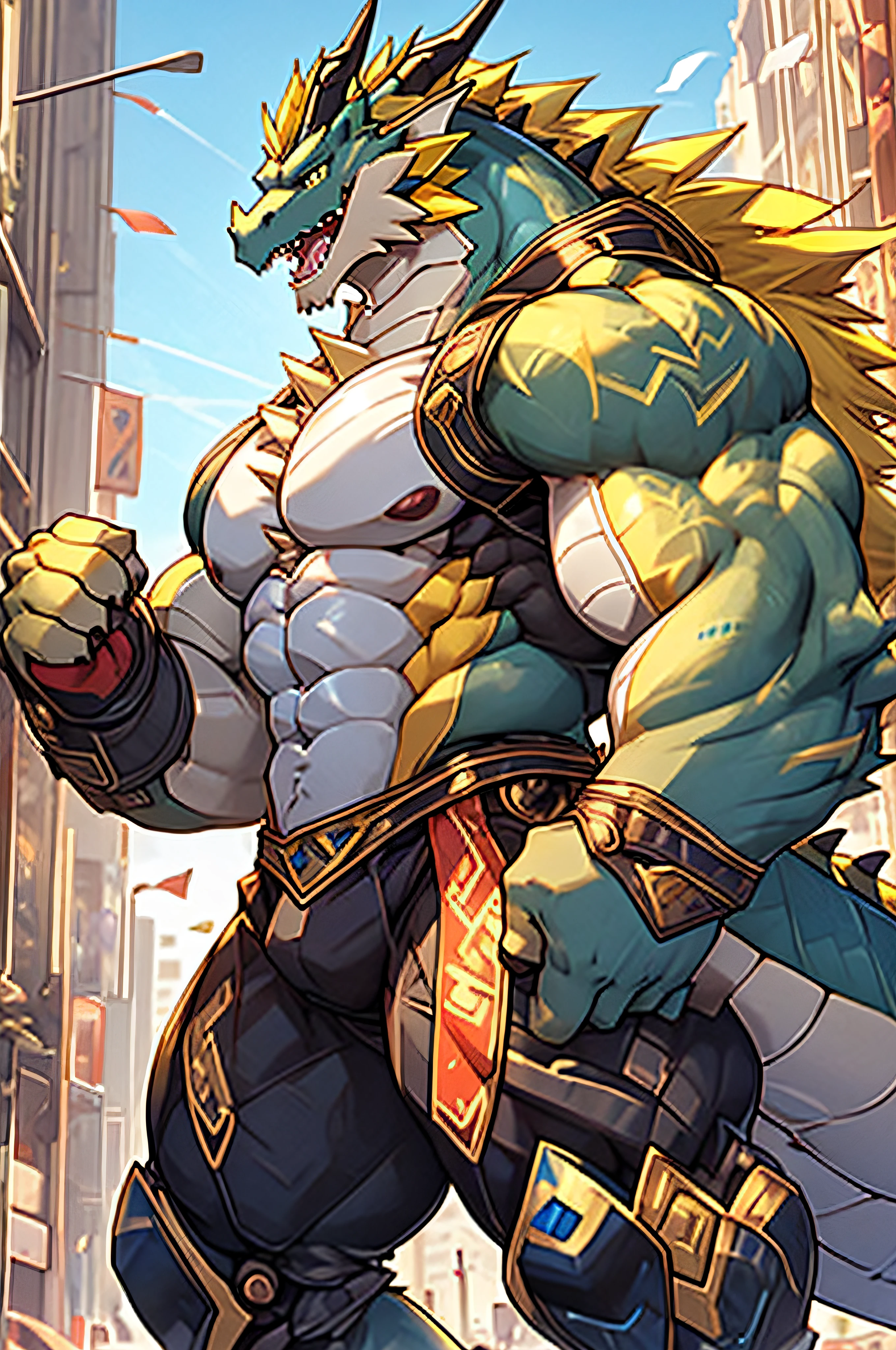 Masterpiece Exquisite details Dragon Male Single Robust Waist curved Expression angry Open mouth Blue and yellow tights Slightly mechanized Crotch slightly raised by genitals City background Yellow hair Strong arms Huge pectoral muscles Tail Tech background
