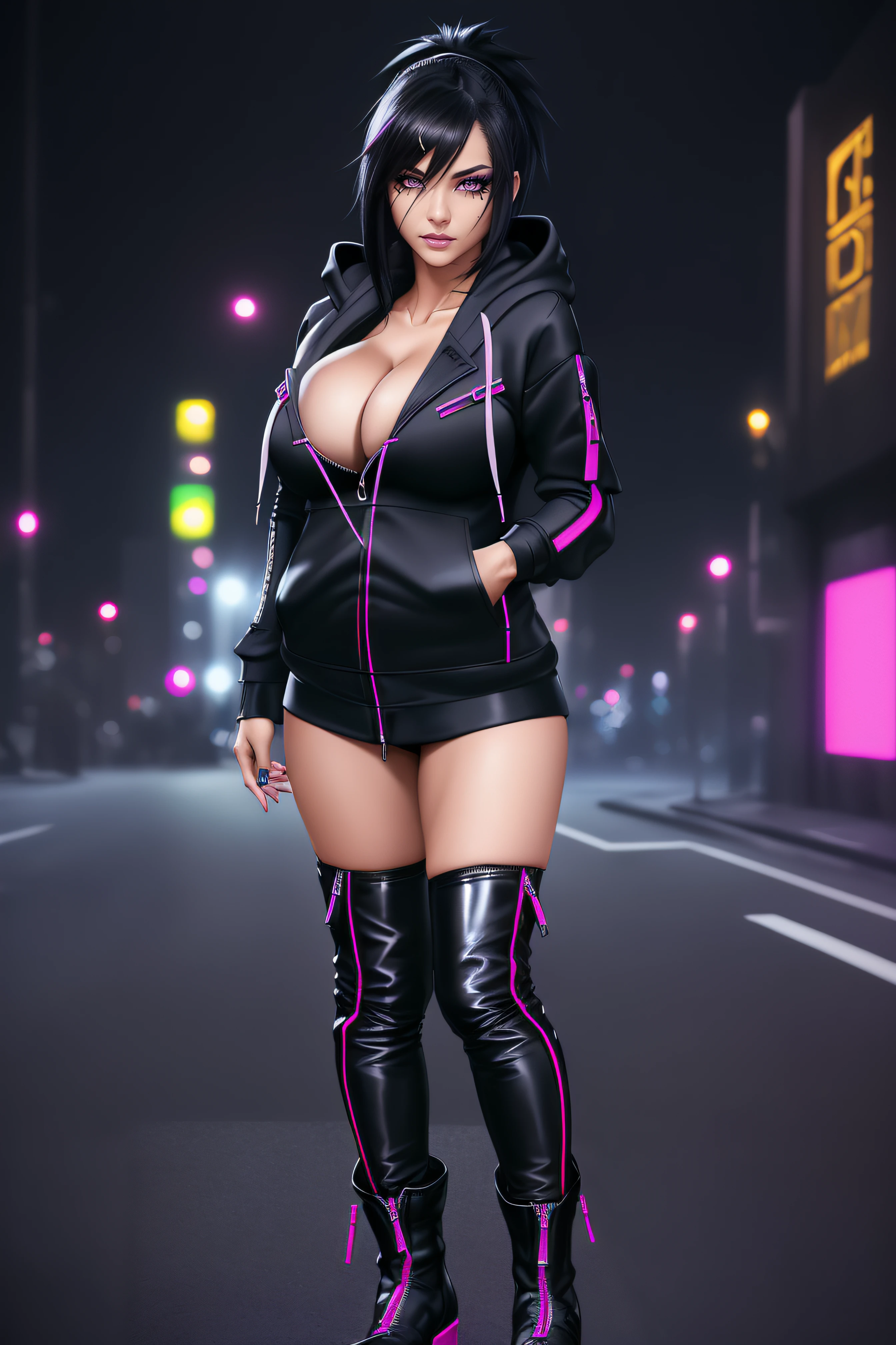 beautiful girl, ((standing:1.4)), (confident gaze:1.1), full body, short bright neon streaked black hair, ((realistic highly detailed eyes:1.4)), ((seductive pose:1.2)), black eyeshadow, (street style wear:1.2), ((hoodie open zip:1.4)), ((cleavage:1.4)),((tight fitted pants)), ((knee high leather boots)), (dark city night black background:1.4), dark makeup, digital art, trending on artstation, highly detailed, fine detail, intricate, detailed facial features, sharp focus, smooth, aesthetic,