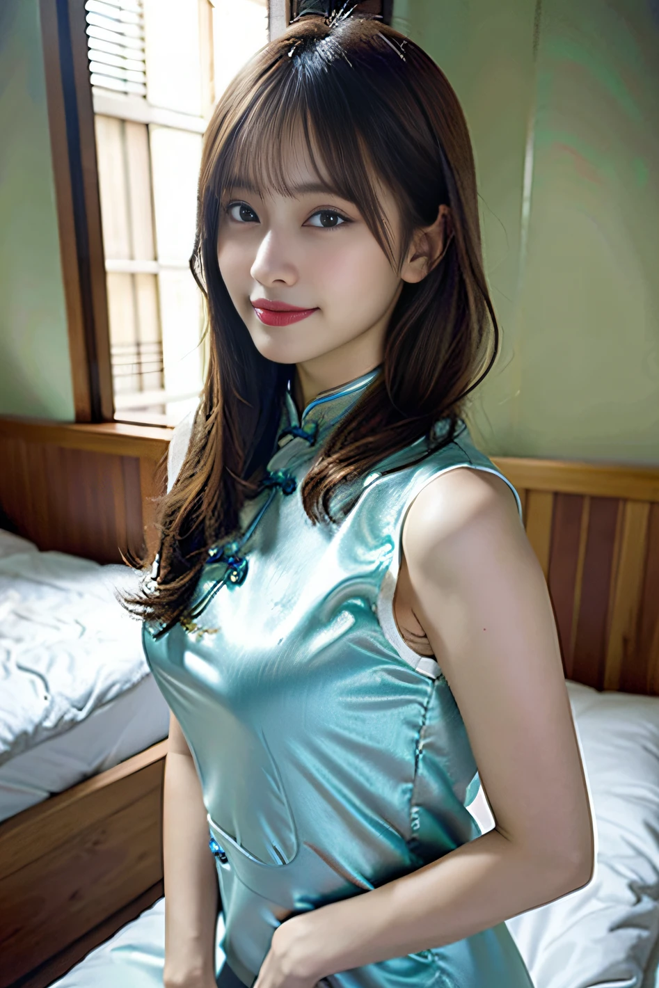 Best Quality, masutepiece, 超A high resolution, (photographrealistic:1.4), (depth of fields), Realistic, Professional Lighting, Physically-based rendering,
1girl in, (contented smile:1.2), Cinematic Light,Flutters detailed ink splash, Only the upper body and head can be seen, Look at viewers, Focus on Eyes, Squatting, incredible detailed, Slender waist, 1 girl, 年轻, (age19), messy long hair, flipped hair, asymmetrical bangs, light brown hair, Hair fluttering in the wind, ultra beautiful, Happy, extremely detailed eye, Delicate arm and  hands, cleavage cutout, perfect and delicate limbs, beauty detailed eye, Authentic skin texture, (Bright cheongsam:1.5), Over-explosion, Quality cloth, Brightly colored clothing, Blurry background, Indoors, bed, Lighting,