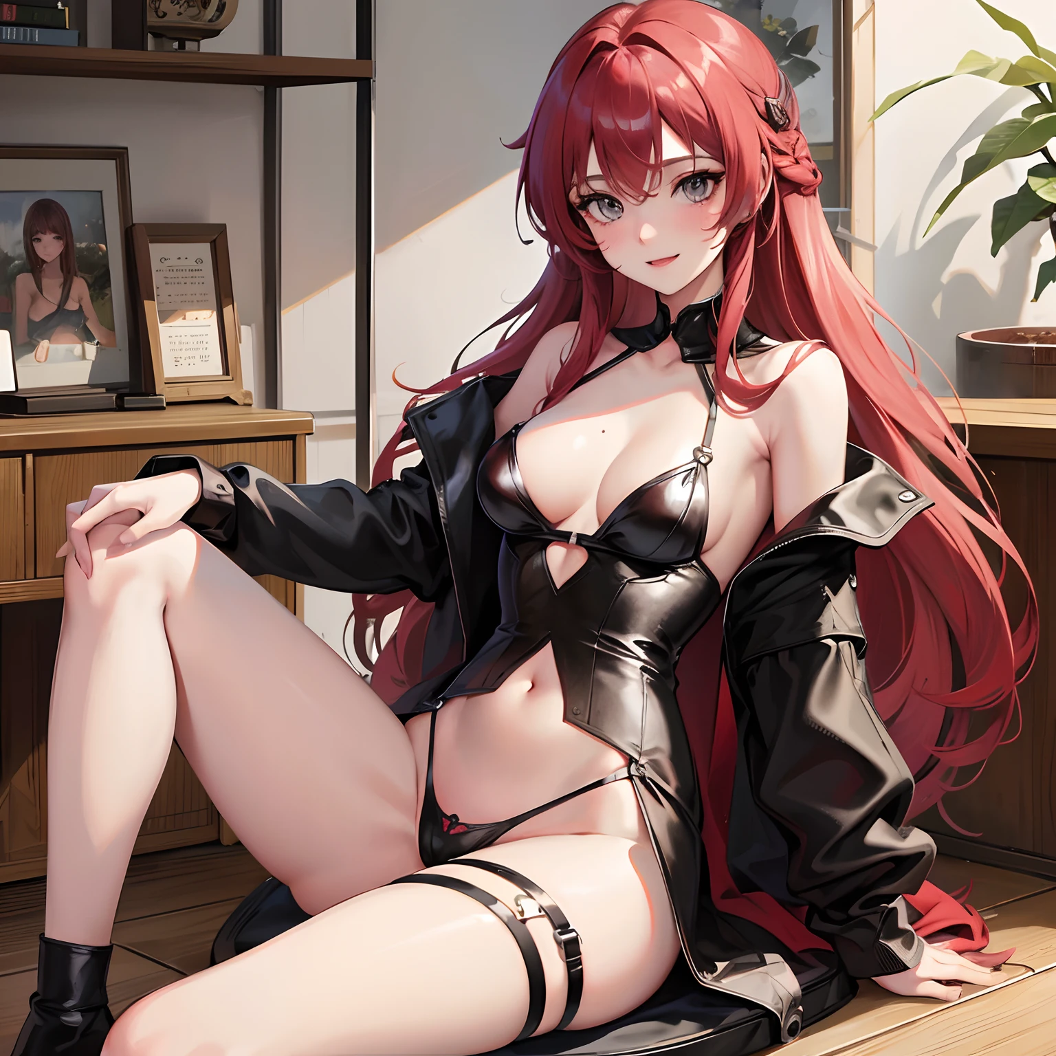 Red long hair, Grey eyes, blush, Smile, Tolerable, Masterpiece, Best Quality, high resolucion;,detail enhancement,best qualtiy,perfect image quality,Visible breasts, nipplestits, Beautiful and sexy, One-person viewpoint, Small moles under the eyes , prety, large full breasts, s whole body, perfect hand, indoor room, Sitting on a chair, tempting, female pubic hair, Legs spread apart, perfect body figure