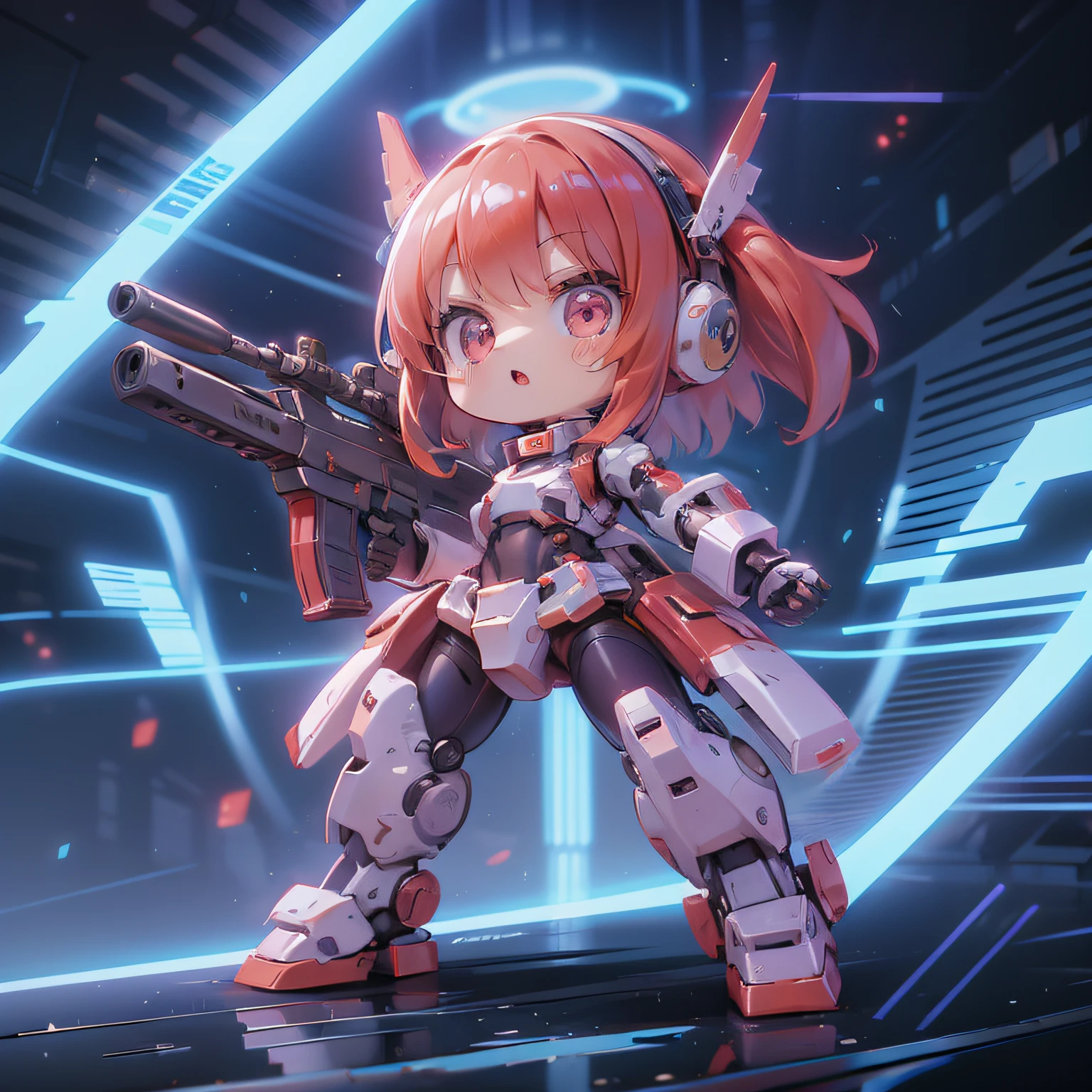 masutepiece, Best Quality, Extremely detailed, mecha musume, Full body, holding rifle, Dynamic Pose, (Deformed), (Chibi Character)