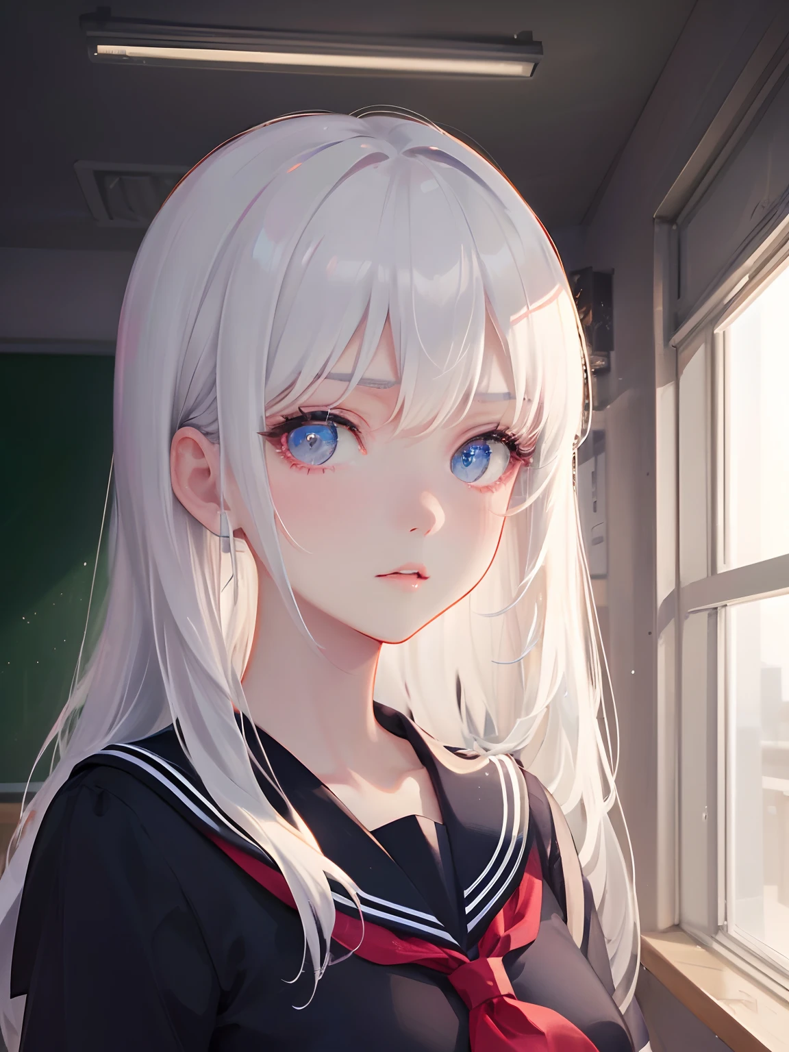 Beautiful girl. curly long grey hair. School uniform.Surrealism. Tim Burton. In the style of Adrian Ghenie, Esao Andrews, Jenny Saville, Edward Hopper. The look of the 50s advertising