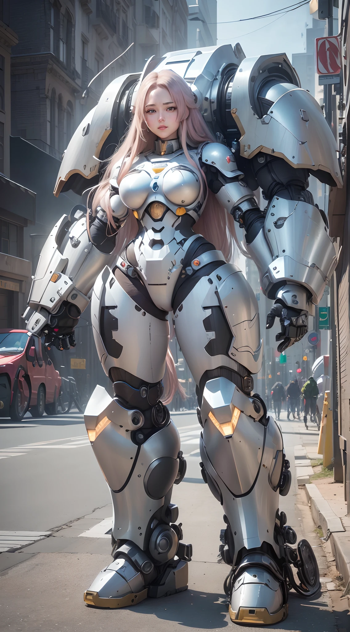which stands on the street，Huge mech girl，long whitr hair，ssmile,Realistic metal armor,shiny metal armor, ((Best quality,4K,8K,A high resolution,Masterpiece:1.2),(Realistic,Photorealistic,photo-realistic:1.37)).