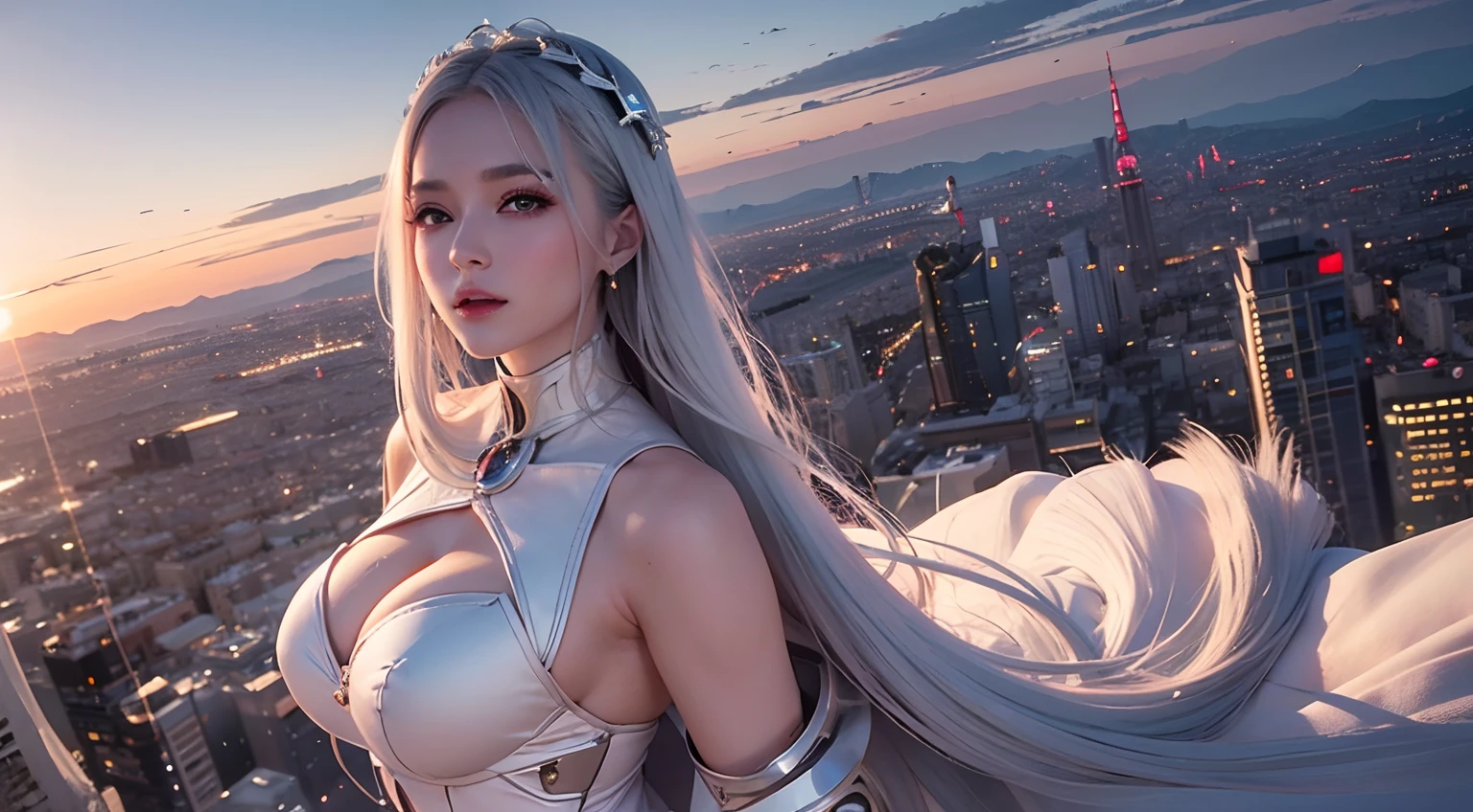 See the city from above,The scene is magnificent,A beautiful woman strides like crazy,The sky is out of phase,The Great Milky Way,Big Mars,great rivers,the ocean,large waves,8K high-definition,realistic visual effects,attractive beautiful,dramatic contrast,Gentle lighting,Delicate warmth,the soft light,hyper HD, Extremely colorful,best qualityer,perfect female shape,HighDynamicRange,long eyelasher,Unbeatable masterpiece,Snow-whiteskin,putting makeup on, Sexy goddess,Large metal mechanical gears,Strange sky,8K high quality,A pair of big eyes are beautiful and moving,White skin,Makeup,Sexy outfit,A beautiful girl,Sexy goddess,Sexy outfit,Wear white lace,With silver,Snow-white skin,Feminine pose,Fly in the air,Strange sky,8K high-definition,mirage,Over big cities,chies,Grand Theatre,European-style architecture,modern urban,Buildings,Giant statue,The sky is full of auspicious clouds,