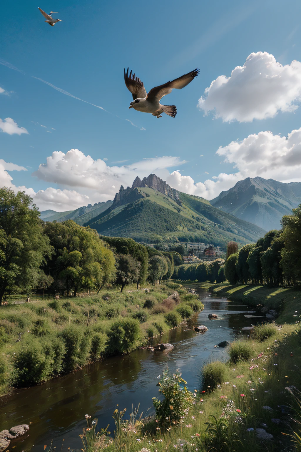 the sky is wilder than the palace with clouds, green trees, mangy high moutains, birds flying over and a small river