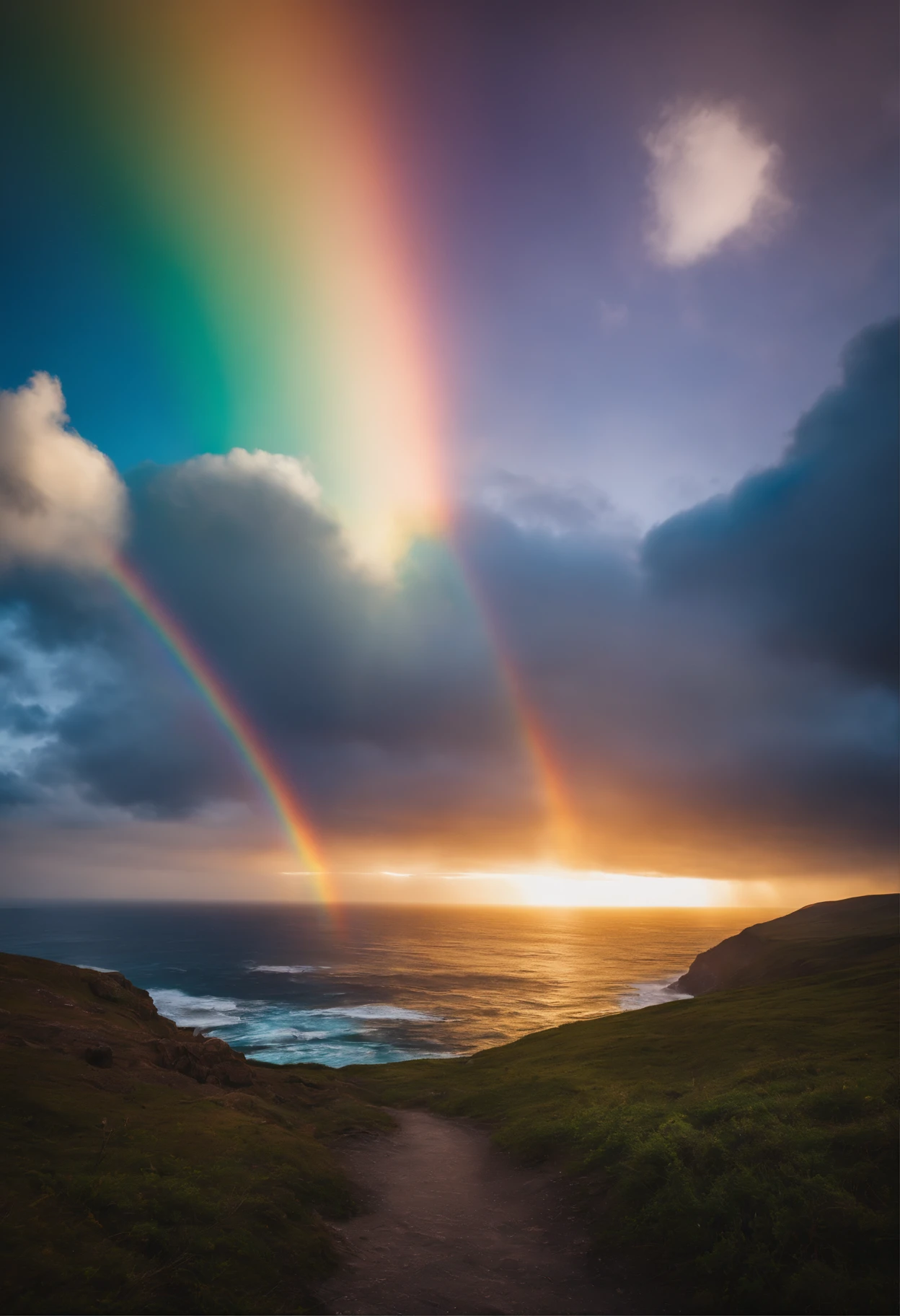 A close-up of a rainbow-colored circle in the sky. The scene features a rainbow that resembles air and is filled with rainbow-colored clouds. This is a very colorful heaven. The clouds are rainbow-colored and lit by a holy light halo. The scene also includes a clear rainbow galaxy and a stormy sea. A rainbow is visible in the sky, surrounded by a light synchrotron halo. The scene also features an air-like rainbow nimbus and a bright rainbow nimbus, as well as a prism halo. The space shines with rainbow colors, illuminated by heavenly light. This is one of the most beautiful images ever created.