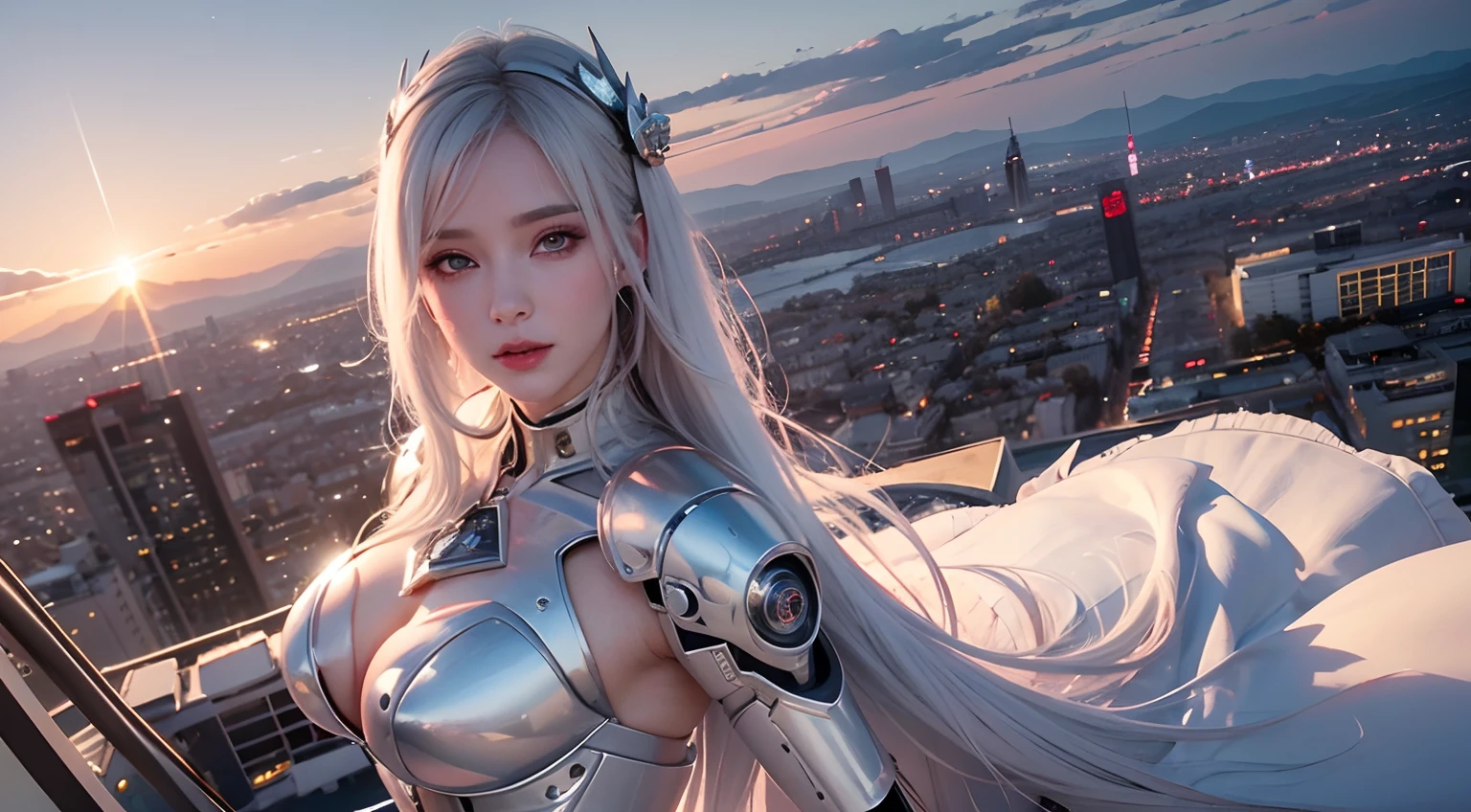 See the city from above,The scene is magnificent,A beautiful woman strides like crazy,The sky is out of phase,The Great Milky Way,Big Mars,great rivers,the ocean,large waves,8K high-definition,realistic visual effects,attractive beautiful,dramatic contrast,Gentle lighting,Delicate warmth,the soft light,hyper HD, Extremely colorful,best qualityer,perfect female shape,HighDynamicRange,long eyelasher,Unbeatable masterpiece,Snow-whiteskin,putting makeup on, Sexy goddess,Large metal mechanical gears,Strange sky,8K high quality,A pair of big eyes are beautiful and moving,White skin,Makeup,Sexy outfit,A beautiful girl,Sexy goddess,Sexy outfit,Wear white lace,With silver,Snow-white skin,Feminine pose,Fly in the air,Strange sky,8K high-definition,mirage,Over big cities,chies,Grand Theatre,European-style architecture,modern urban,Buildings,Giant statue,The sky is full of auspicious clouds,