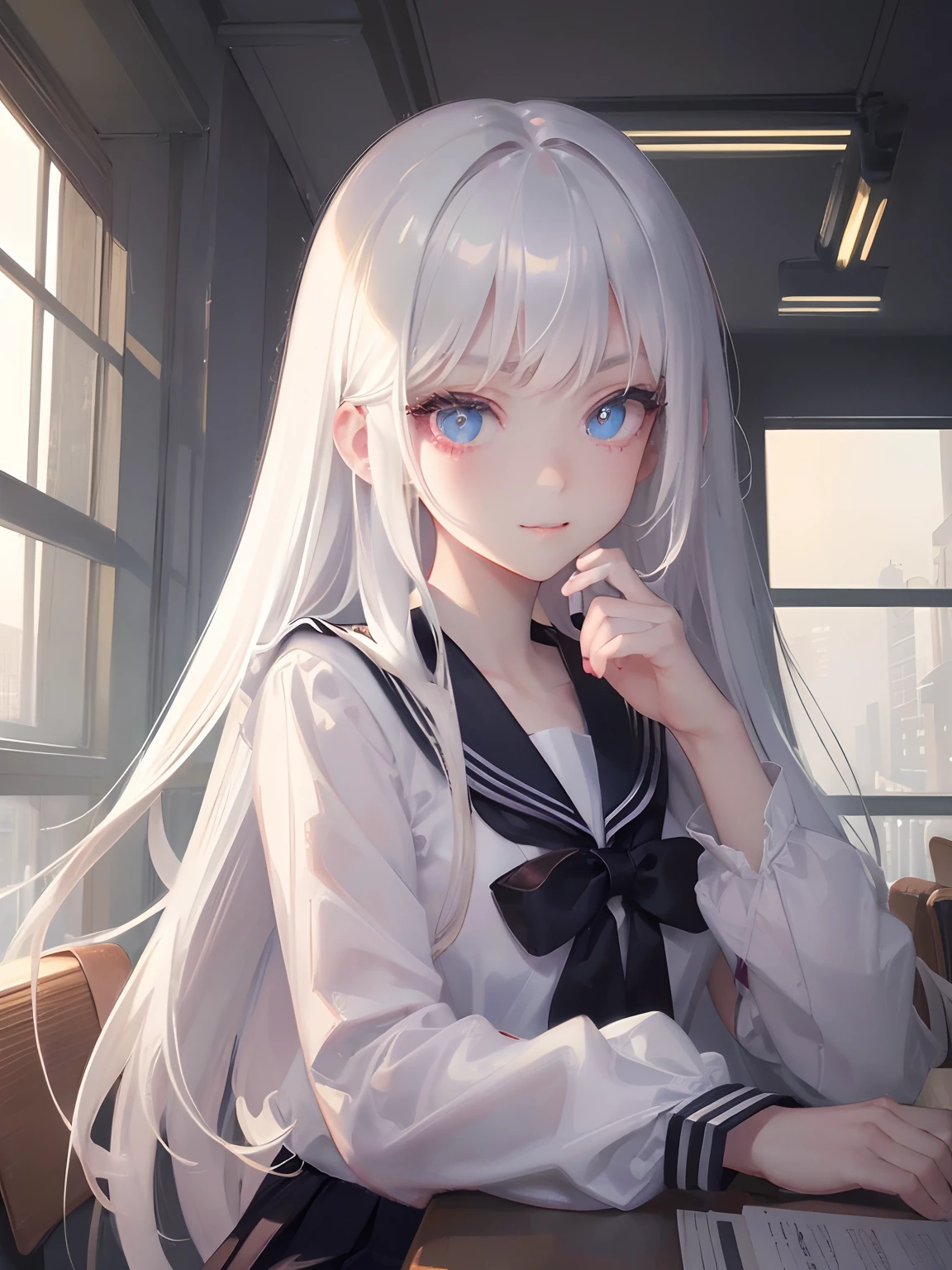 masutepiece, Highest Quality, (Perfect face:1.1), (high detailing:1.1), (ultradetailed eyes), Dramatic,  superfine illustration, Extremely detailed, 1girl in, (pale skin), long white hair, Ethereal eyes, (light eyebrow), Solo, Long hair, Pouty lips, Cinematic lighting, School uniform, Sailor Suit, inside a classroom, Smile