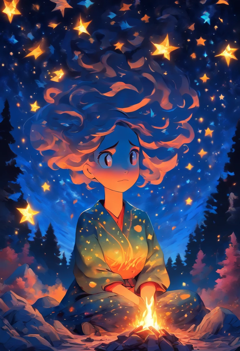High quality, 8K Ultra HD, highly detailed, abstraction, Huile, dessin, Illustration of a female figure sitting on the ground next to a campfire with a Pokémon Charmander in the style of Van Gogh, inspired by the painting The Starry Night, Manga Style, Style anime, Masterpiece, Style Van Gogh, The Character Looking at the Stars, elle regarde le ciel, She looks up, Made of starry sky, cubisme, Brosse, palette, Pigment, caresser, contraste, profondeur, creativity, imagination, ceramics, azur, vermillon, impasto, glacer, niveaux de gris, fauvisme, renaissance, luminisme, Rendu 3D, Rendu octane, isometric, par yukisakura, Superbe couleur,