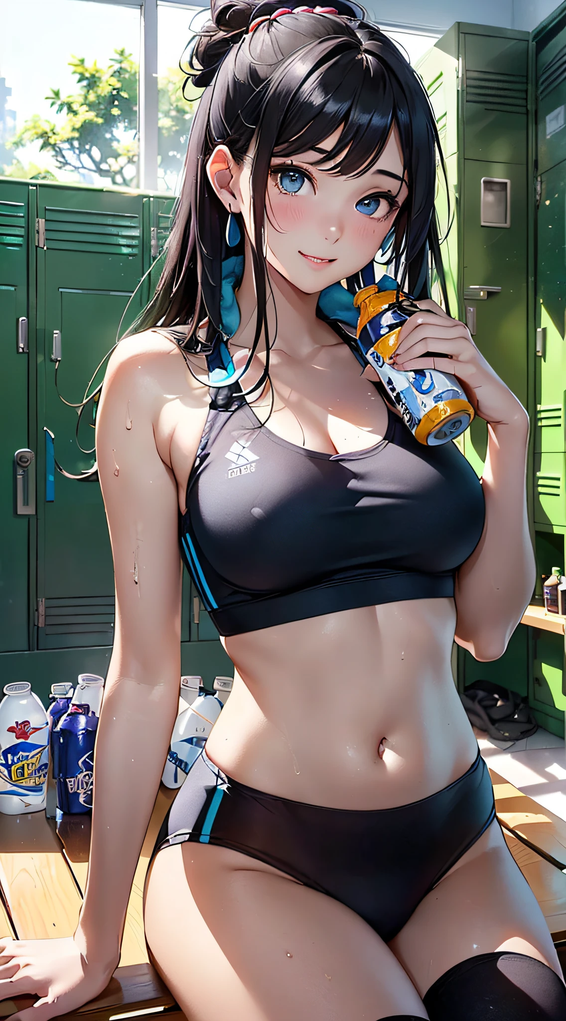 top-quality、Top image quality、masterpiece、girl with((cute little、18year old、Best Bust、Medium bust、Bust 85,Beautiful blue eyes、Breasts wide open,Long Black Hair、A slender、Middle knot、Black Sports Bra、,Reflecting the whole body、Sweating、A smile、Wrap a towel around your neck、sit on a bench、Drink sports drinks))hiquality、Beautiful Art、Background with((clubhouse、Locker Room、natta、Virtual Worlds)),masutepiece、Elaborate design、visualart、depth of fields、The best lighting、highestdetailed、8k,Super delicate