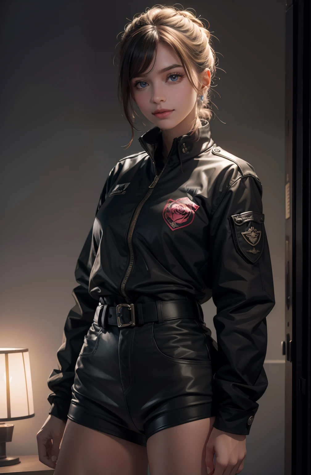 beste-Qualit,tmasterpiece,超High resolution,(realism:1.4),Photogr RAW,1fille,((Porter un uniforme du SWAT:1.8)),in the dark,ombrage profond,Bass setting,cold light,Square face with charming eyes,Un doux sourire,Parcs,lacs,Les bois,((Fleur de rose:1.5,)),A high resolution