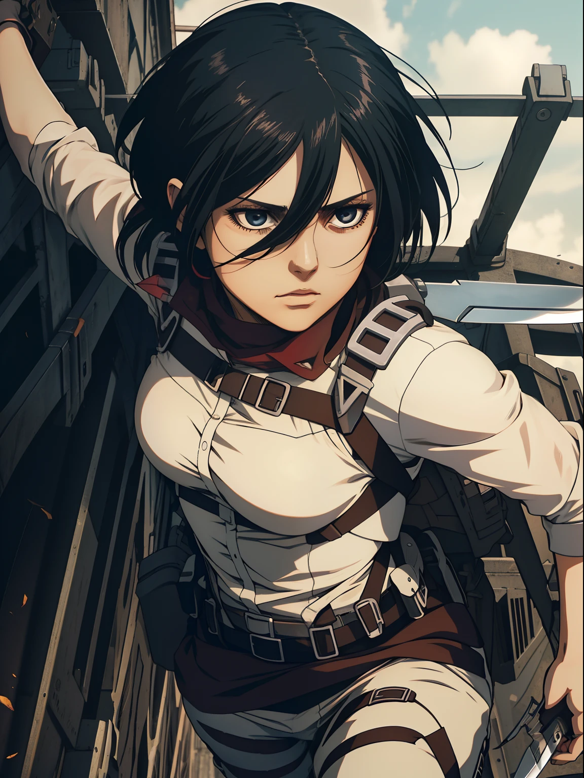 1girll, Solo, (Masterpiece), Best quality, Ultra-detailed, mikasa ackerman,In battle,Wield a knife