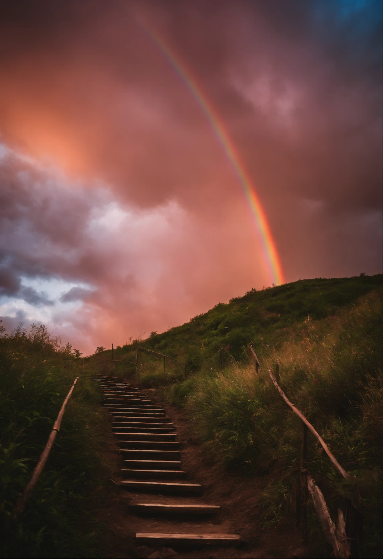 A close-up of a staircase leading to a sky with a rainbow, a stairway to a very colorful heaven. The sky is filled with rainbow-colored clouds. This staircase leads from hell to heaven, reflecting the colors of heaven. It leads to a colorful sky with rainbow-colored clouds. The pathway is known as the Rainbow trail, appearing like rainbow-colored eyes. The scene is filled with beautiful colors, a colorful sky, rainbow color, heaven, a psychedelic sky, a colorful image, and wonderful colors.