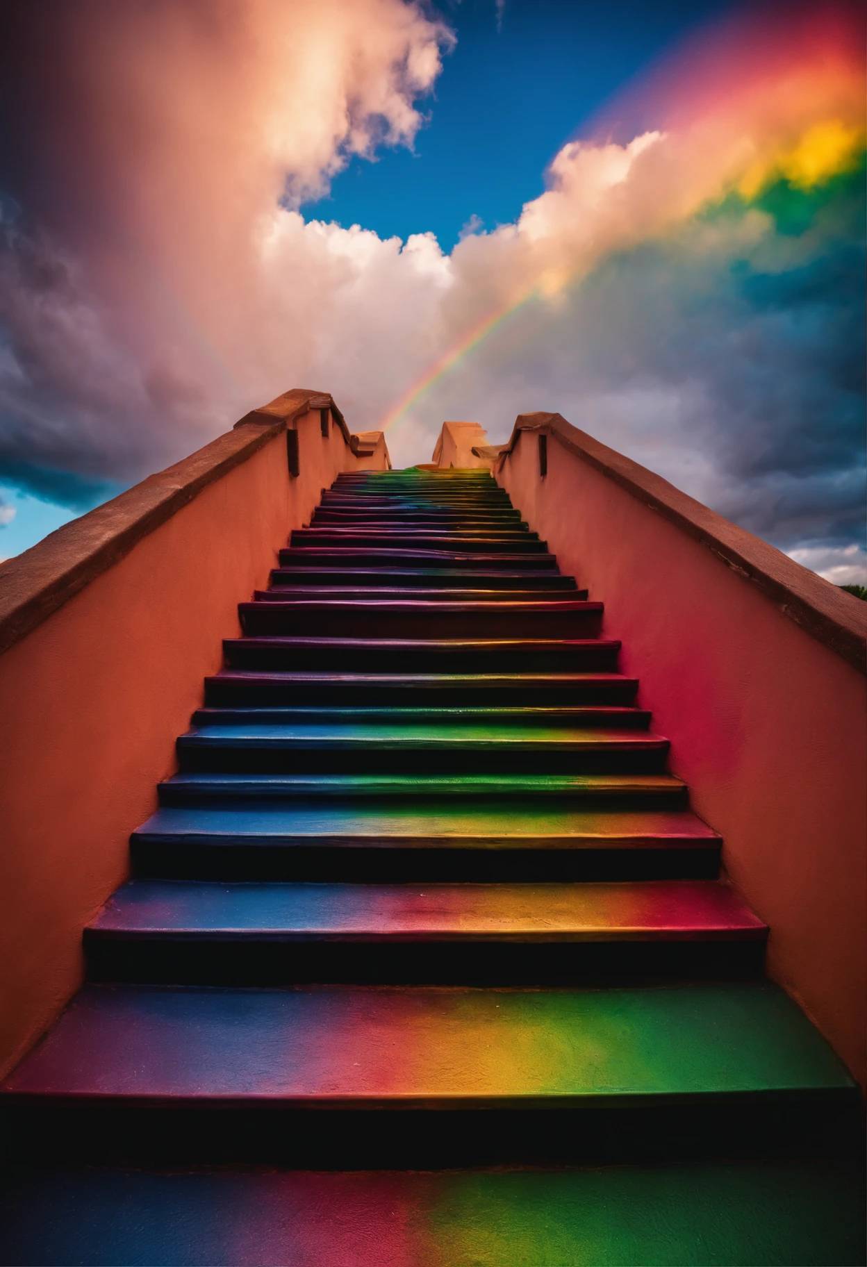 A close-up of a staircase leading to a sky with a rainbow, a stairway to a very colorful heaven. The sky is filled with rainbow-colored clouds. This staircase leads from hell to heaven, reflecting the colors of heaven. It leads to a colorful sky with rainbow-colored clouds. The pathway is known as the Rainbow trail, appearing like rainbow-colored eyes. The scene is filled with beautiful colors, a colorful sky, rainbow color, heaven, a psychedelic sky, a colorful image, and wonderful colors.