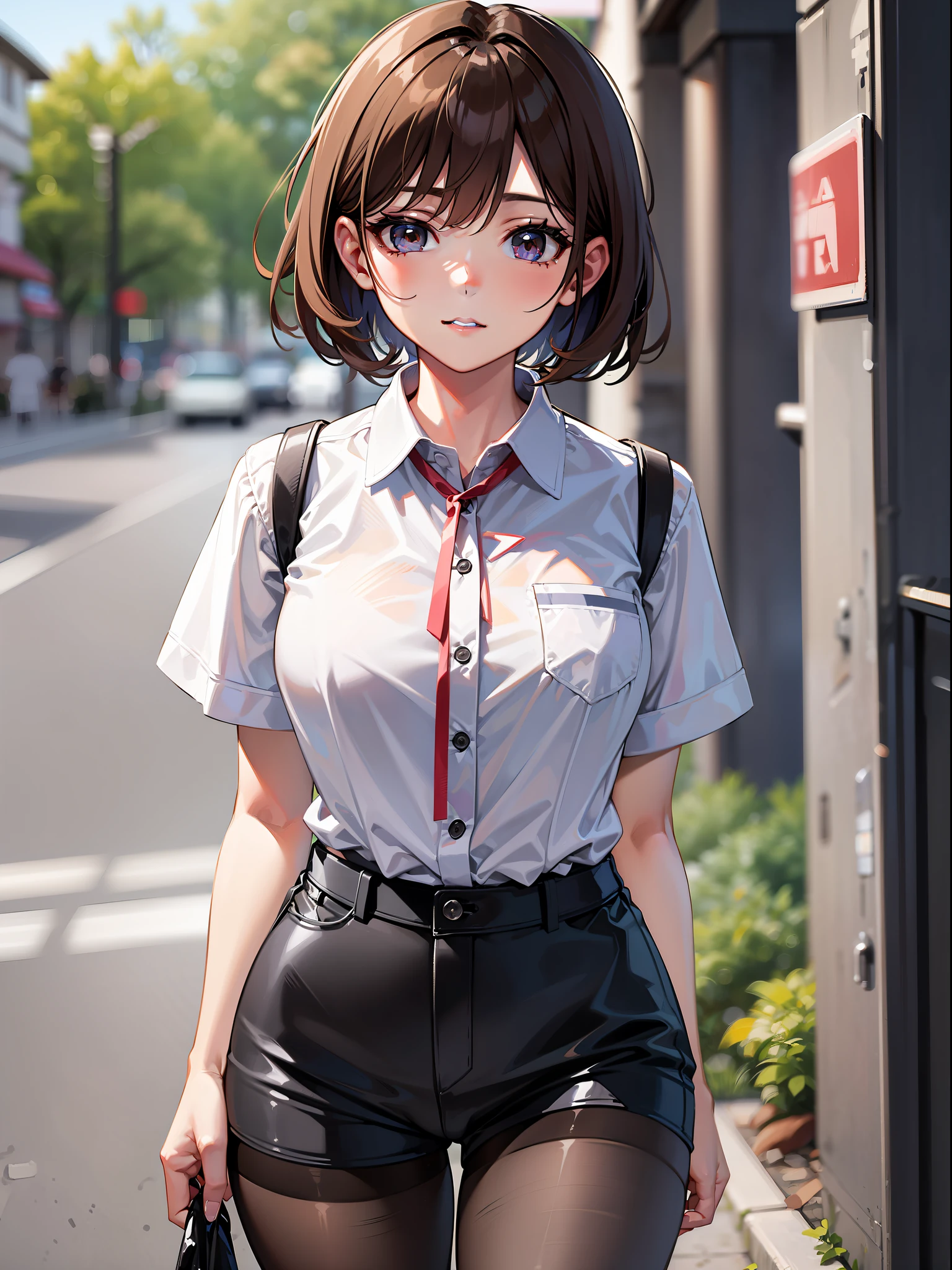 Brown hair short-haired, short clothes with white collar sleeves, shorts, pantyhose, girl, outdoor, bewitching