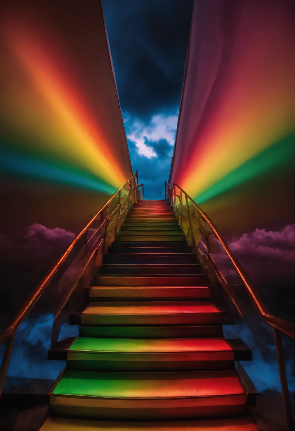 A close-up of a staircase leading to a sky with a rainbow, a stairway to a very colorful heaven. The sky is filled with rainbow-colored clouds. This staircase leads from hell to heaven, reflecting the colors of heaven. It leads to a colorful sky with rainbow-colored clouds. The pathway is known as the Rainbow trail, appearing like rainbow-colored eyes. The scene is filled with beautiful colors, a colorful sky, rainbow color, heaven, a psychedelic sky, a colorful image, and wonderful colors.