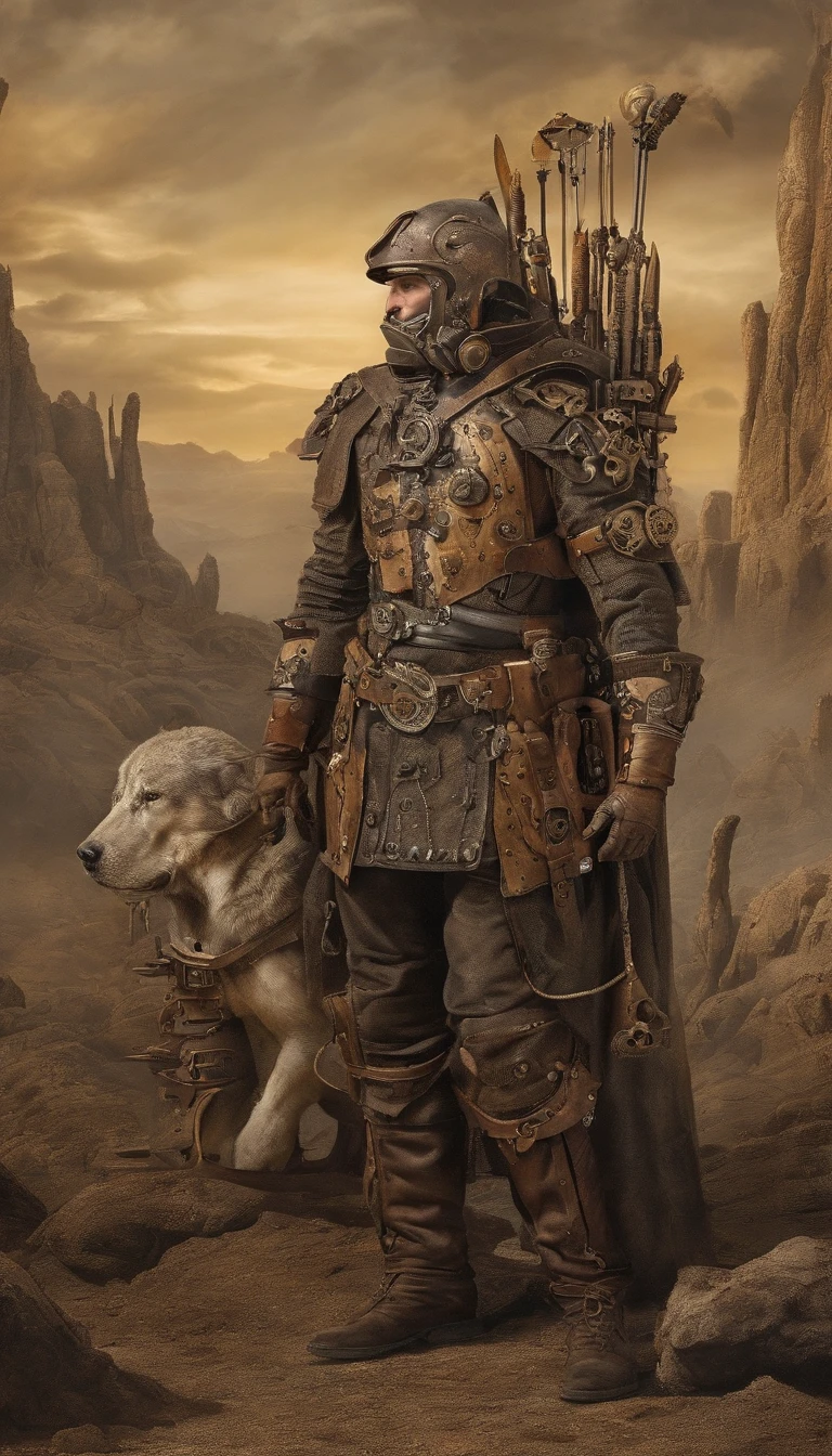 archery,Doomsday wasteland, Mechanical Wonder, Best quality, Ultra-detailed, Realistic, Sci-fi atmosphere, Dark and desolate landscape, Corrosive metals, abandoned ruins, contrasting textures, Gloomy color palette, Dramatic lighting, A high resolution.