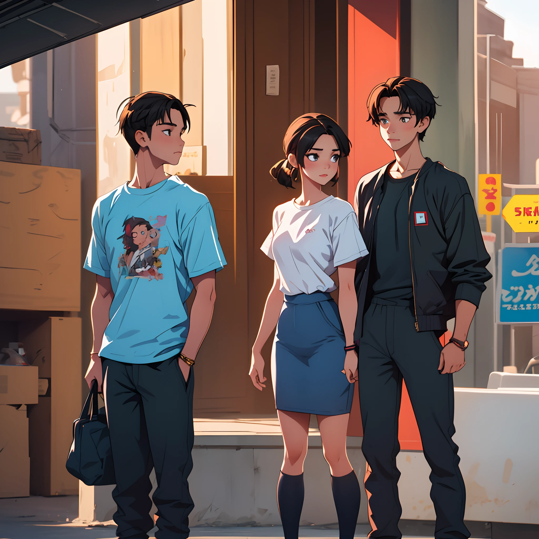 A beautiful girl is standing in front of a boy And the boy is wearing a saif written shirt