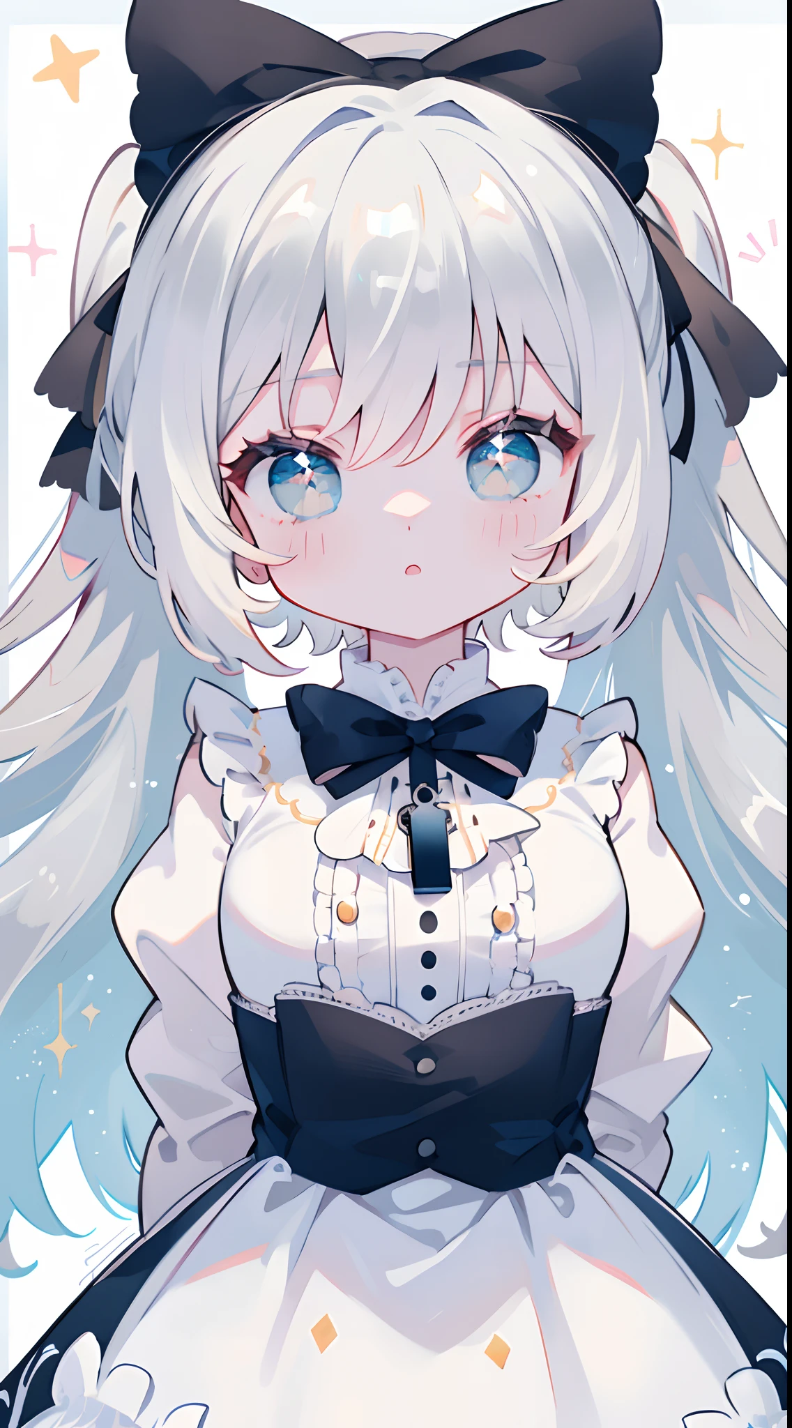 (Best quality,Ultra detailed,A high resolution,Masterpiece:1.2), Portrait, White hair, Black and white bow, magnifying glass, Bright blue eyes, Sparkling eyes, White canvas, JK anime, 1 girl, (Uncover the mystery of Lolita:1.4), {Youthful}, Solo, cute female child,arms behind back, Adorable, {illustration}, (The finest character details:1.36), Iconic works,stars