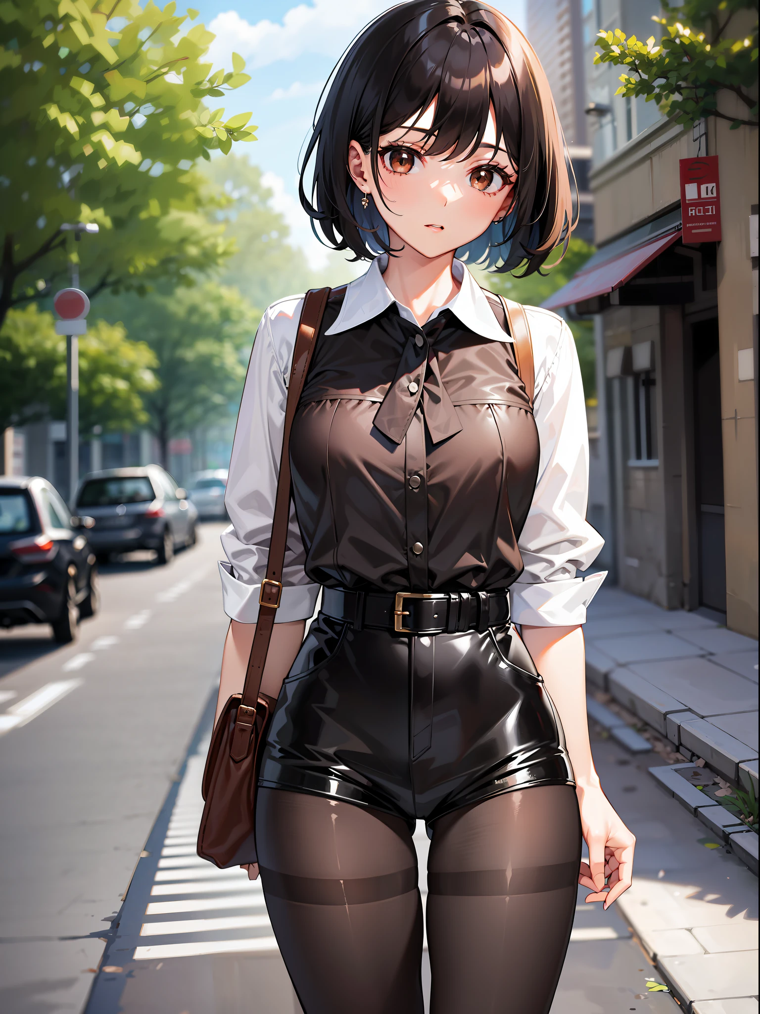 Black hair short, short brown clothes with white collar sleeves, brown shorts, white waist belt, color pantyhose, girl, outdoor