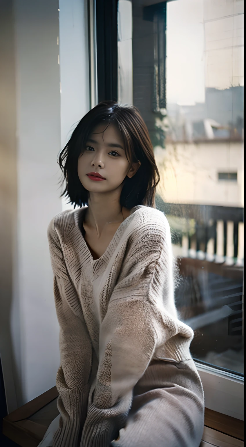 NSFW, NSFW:2.0, fully body photo:1.7、nude, cinematic photo a Woman nude sitting on a window sill looking out the window, grey sweater, a stock photo by chen jiru, tumblr, aestheticism, movie still, pretty, pixiv . 35mm photograph, film, bokeh, professional, 4k, highly detailed