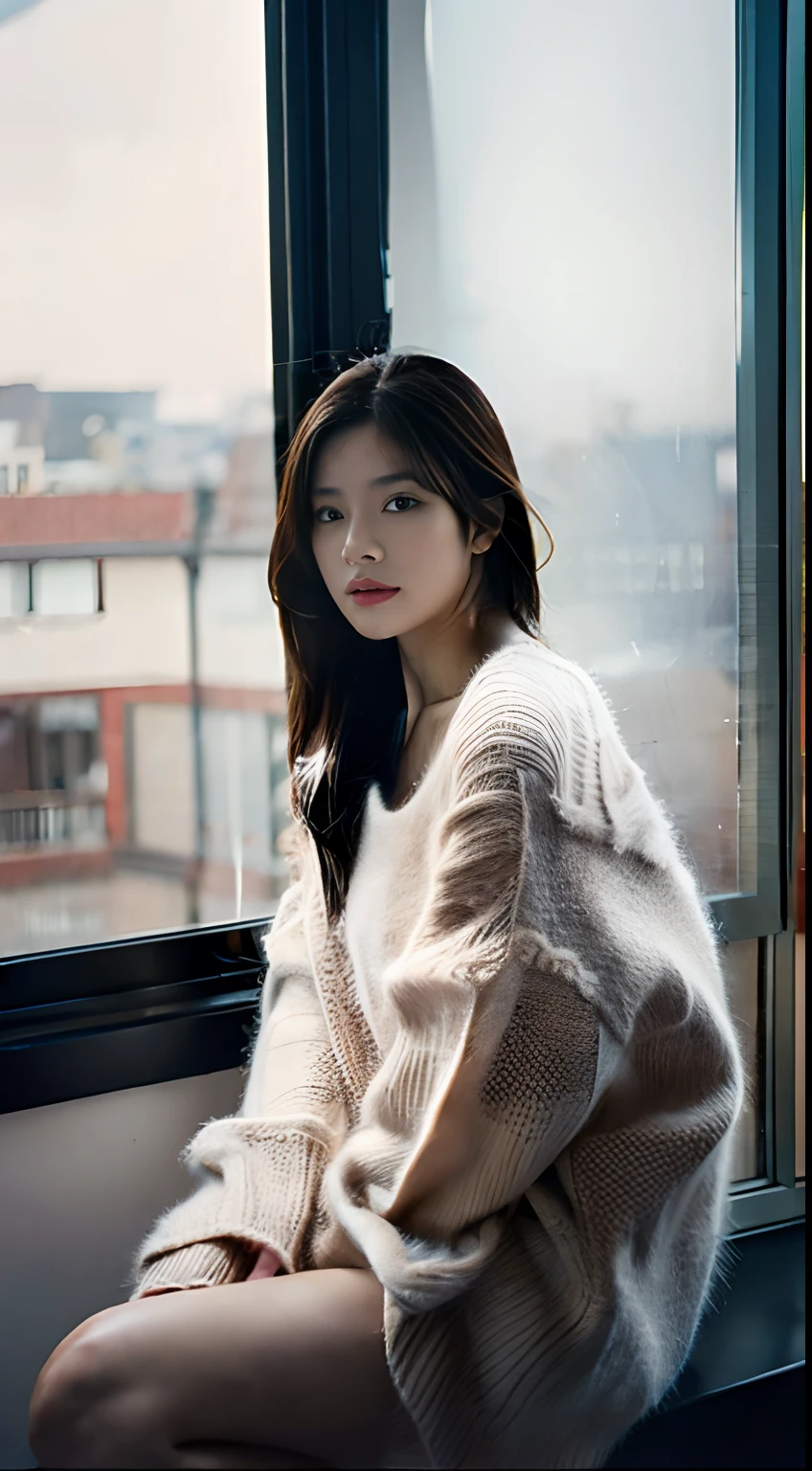 NSFW, NSFW:2.0, fully body photo:1.7、nude, cinematic photo a Woman nude sitting on a window sill looking out the window, grey sweater, a stock photo by chen jiru, tumblr, aestheticism, movie still, pretty, pixiv . 35mm photograph, film, bokeh, professional, 4k, highly detailed