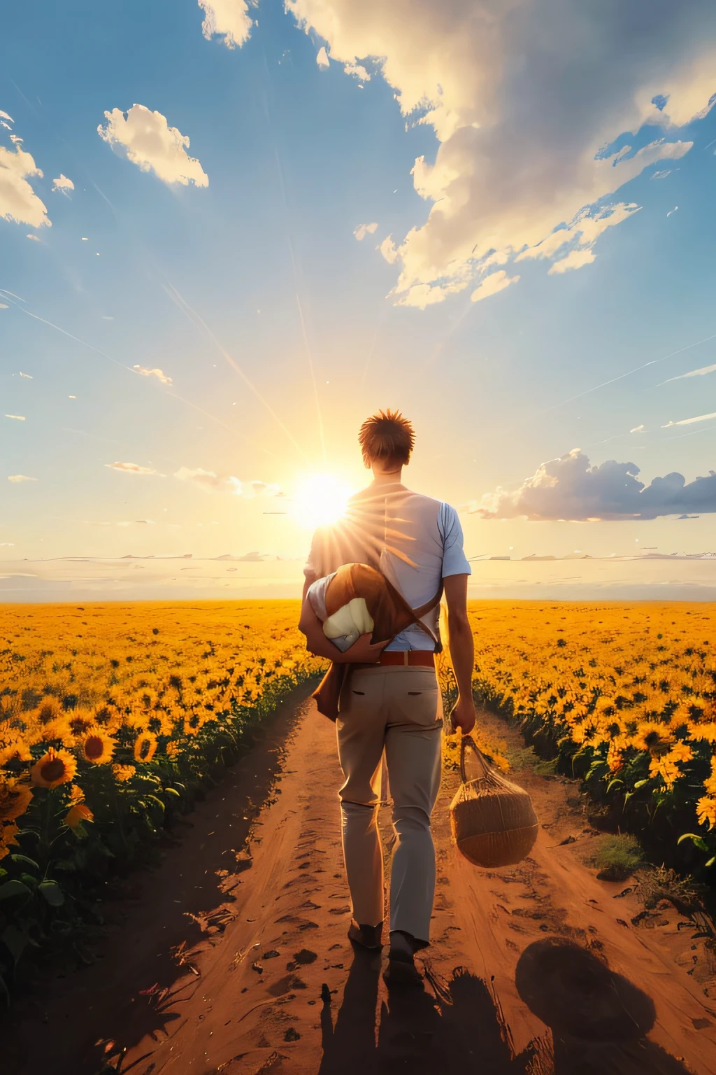 A man,Carry it on your back,Arms spread wide,Facing the sun,A huge sun,sunny clear sky,clouds