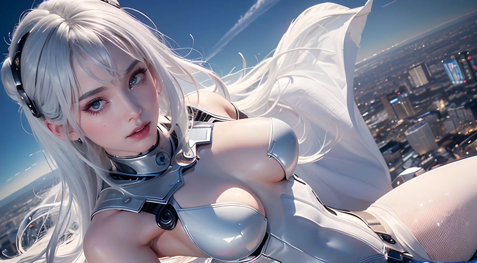 See the city from above,The scene is magnificent,A beautiful woman strides like crazy,The sky is out of phase,The Great Milky Way,Big Mars,great rivers,the ocean,large waves,8K high-definition,realistic visual effects,attractive beautiful,dramatic contrast,Gentle lighting,Delicate warmth,the soft light,hyper HD, Extremely colorful,best qualityer,perfect female shape,HighDynamicRange,long eyelasher,Unbeatable masterpiece,Snow-whiteskin,putting makeup on, Sexy goddess,Large metal mechanical gears,Strange sky,8K high quality,A pair of big eyes are beautiful and moving,White skin,Makeup,Sexy outfit,A beautiful girl,Sexy goddess,Sexy outfit,Wear white lace,With silver,Snow-white skin,Feminine pose,Fly in the air,Strange sky,8K high-definition,mirage,Over big cities,chies,Grand Theatre,European-style architecture,modern urban,Buildings,Giant statue,The sky is full of auspicious clouds,