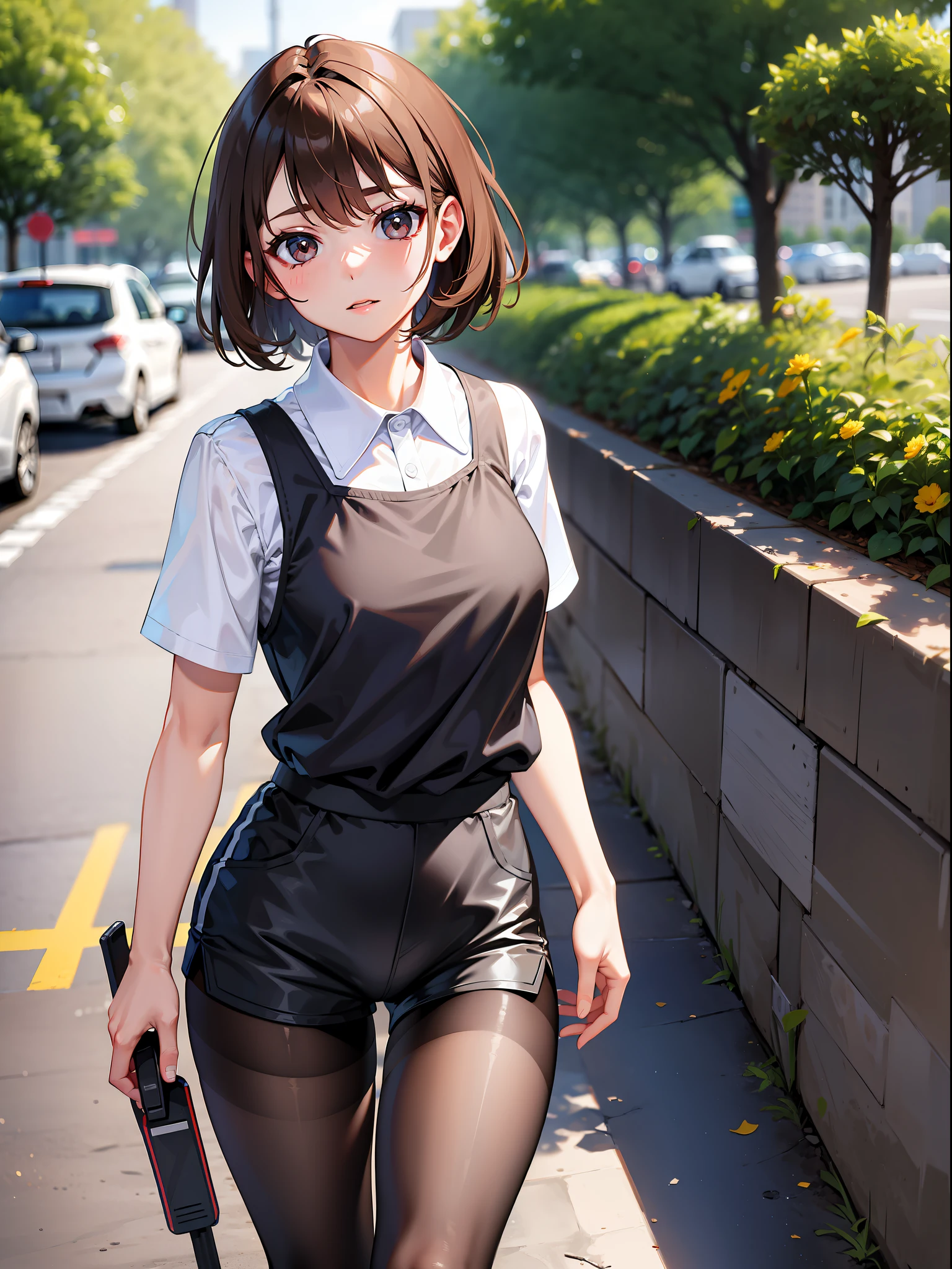 Brown hair shorthair, short clothes with white collar sleeves, shorts, pantyhose, girl, outdoor, tech sneakers