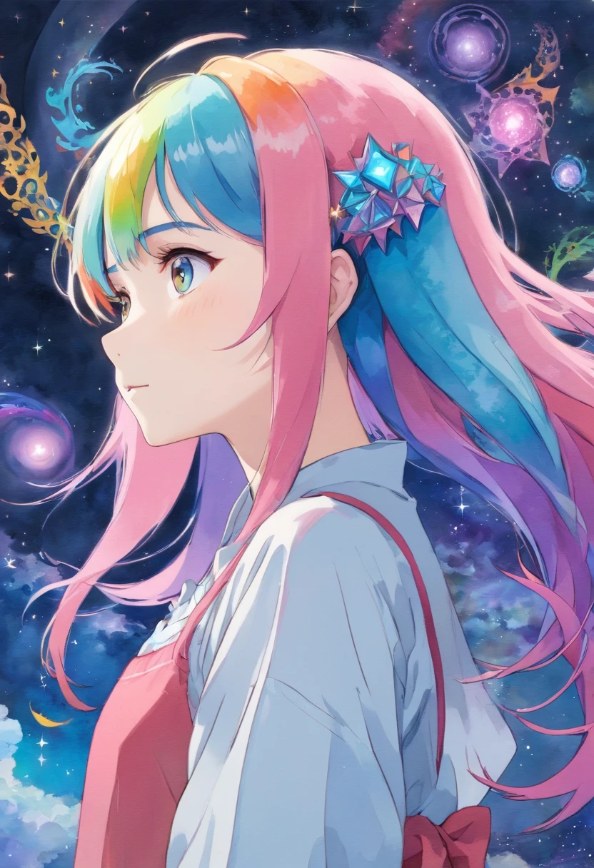 (masterpiece, top quality, best quality,watercolor (medium),official art, beautiful and aesthetic:1.2),(1girl:1.3), (fractal art:1.3),upper body, from side, looking at viewer,patterns,(rainbow color Hair,colorful hair,half blue and half pink hair:1.2),water,liquid, cloud,colorful, starry,stars,