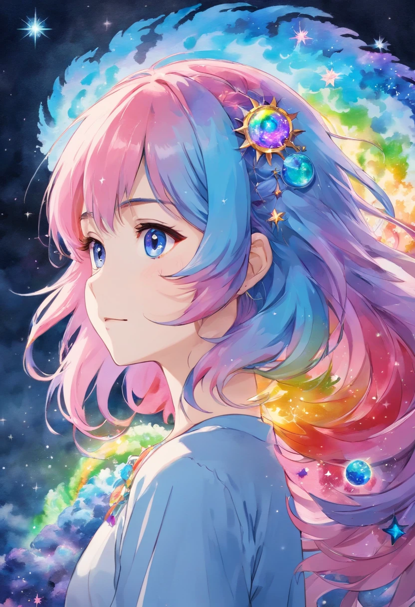 (masterpiece, top quality, best quality,watercolor (medium),official art, beautiful and aesthetic:1.2),(1girl:1.3), (fractal art:1.3),upper body, from side, looking at viewer,patterns,(rainbow color Hair,colorful hair,half blue and half pink hair:1.2),water,liquid, cloud,colorful, starry,stars,