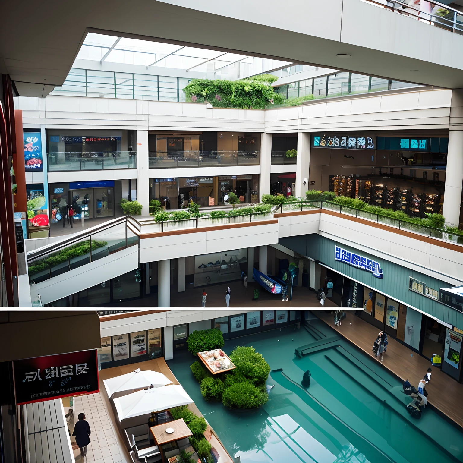 Inside a small shopping center、1st floor Sunken Square、height difference、plaza、Commercial facilities、There is a store on the second floor.