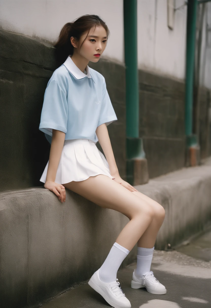 Sticking to the latest makeup、Beautiful face、hi-school girl、White Guardian、a miniskirt、Big loose white socks、2000s、jpn