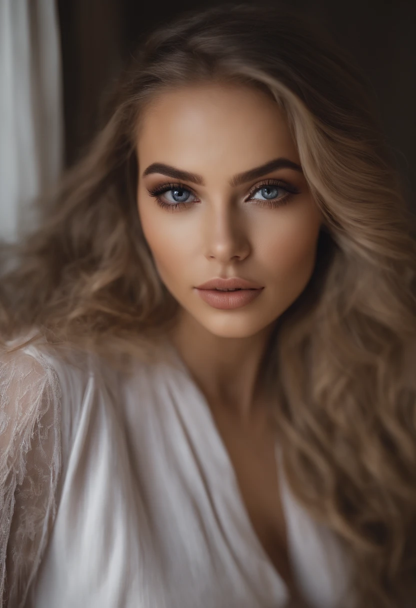 Arafed woman completely , fille sexy aux yeux bleus, ultra realist, Meticulously detailed, Portrait Sophie Mudd, cheveux blonds et grands yeux, selfie of a young woman, Yeux de chambre, Violet Myers, sans maquillage, maquillage naturel, looking straight at camera, Visage avec Artgram, Maquillage subtil, Great photo of the whole body kneeling on the bed, dans la chambre, Medium to large bust, naturelle et simple, 24 ans