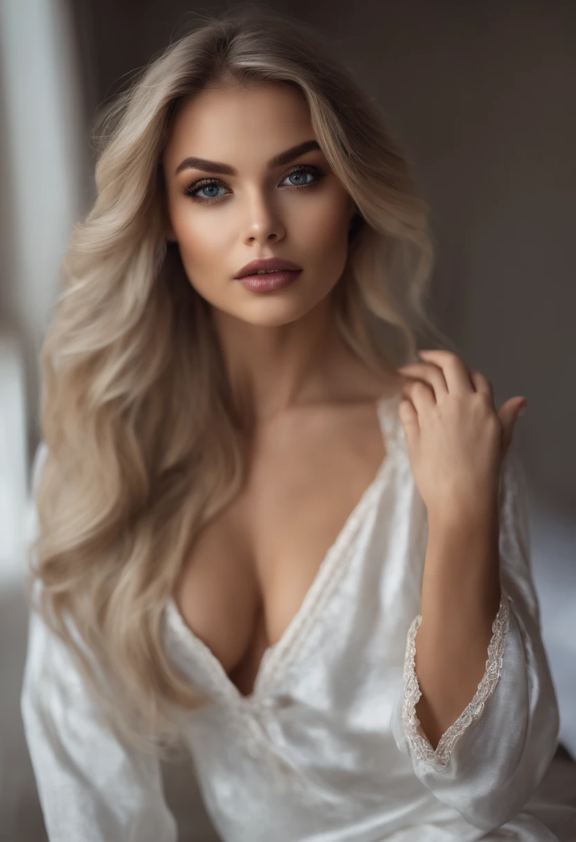 Femmes totalement Alafed , fille sexy aux yeux bleus, A hyper-realistic, Meticulously detailed, Portrait Sophie Mudd, cheveux blonds et grands yeux, selfie of a young woman, Les yeux dans la chambre, Violet Myers, ohne Maquillage, maquillage naturel, Look directly into the camera, Visage avec Artgram, dezentes Maquillage, Great photo of the whole body kneeling on the bed, dans la chambre, Medium to large bust size; ; ;nu