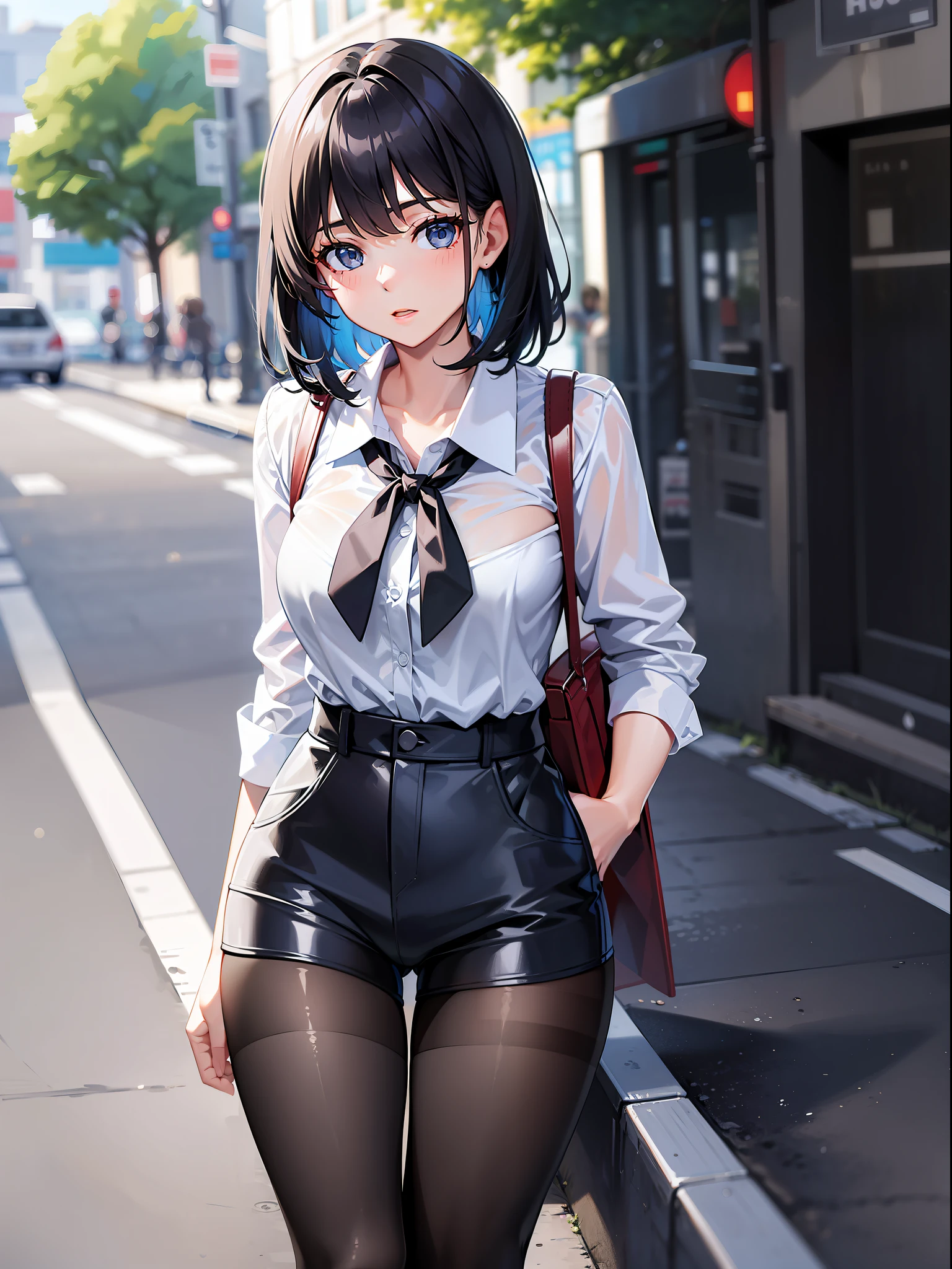 Black hair short, short clothes with white collar sleeves, blue shorts, black pantyhose, girl, outdoor
