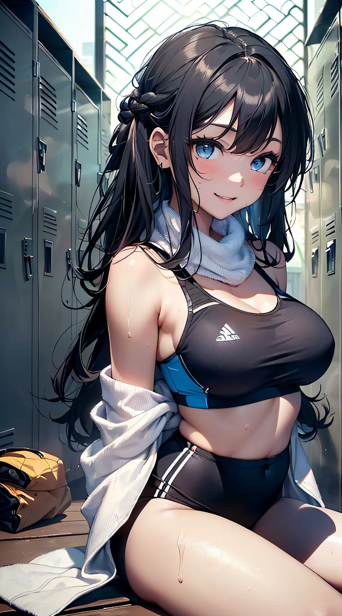top-quality、Top image quality、​masterpiece、girl with((cute little、18year old、Best Bust、Medium bust、Bust 85,Beautiful blue eyes、Breasts wide open,Long Black Hair、A slender、Middle knot、Black Sports Bra、,Reflecting the whole body、Sweating、A smile、Wrap a towel around your neck、Sleeping on a bench、Sloppy)）hiquality、Beautiful Art、Background with((clubhouse、Locker Room、natta、Virtual Worlds)),masutepiece、Elaborate design、visualart、depth of fields、The best lighting、highestdetailed、8ｋ,Super delicate