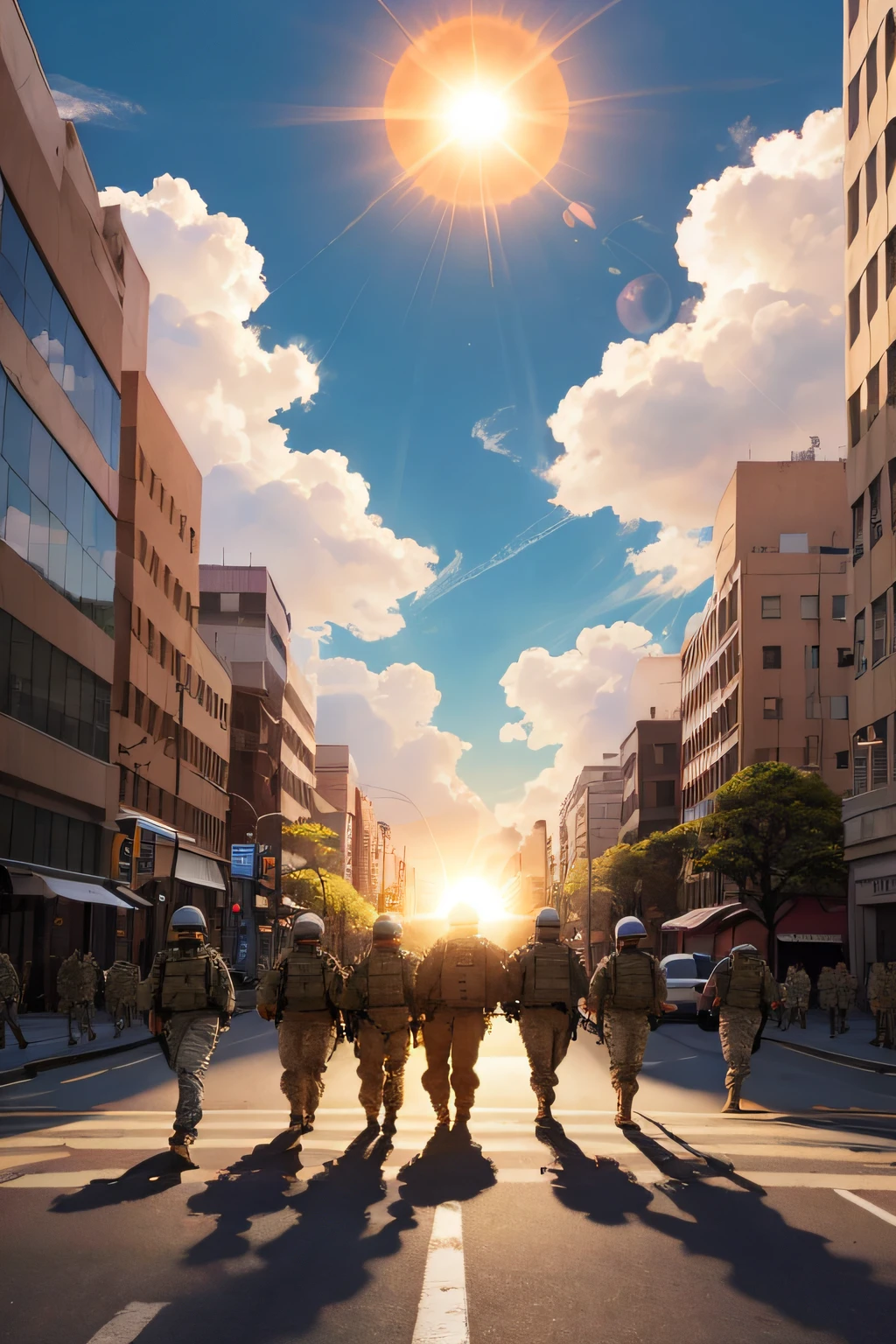 A soldier,A group of people walking down the street,gigantic sun,sunny clear sky,clouds