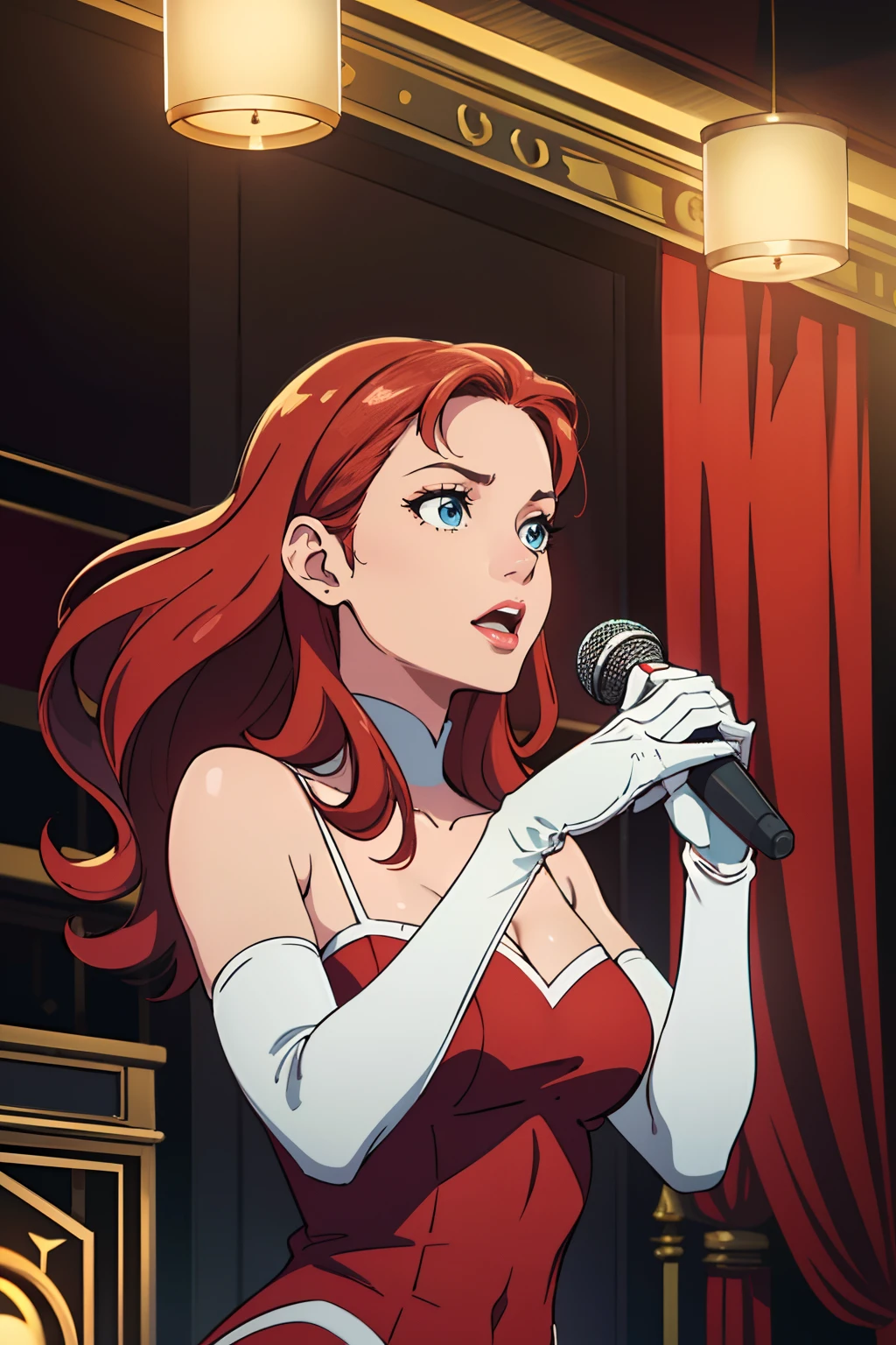 (best quality,4k,8k,highres,masterpiece:1.2),ultra-detailed,(realistic,photorealistic,photo-realistic:1.37), vibrant colors, stage spotlight, vintage microphone, elegant hair, graceful pose, dynamic atmosphere, stylish interior, classic jazz era vibes, captivating performance, soulful expression, animated jazz band, rhythmic music, passionate singing, microphone stand, energetic crowd, glamorous ambiance, seamless visual composition, enchanting red lighting, annette_student, long hair, blue eyes, in a red dress, long white elbow gloves, holding old 1920s microphone, jazz club background, singing